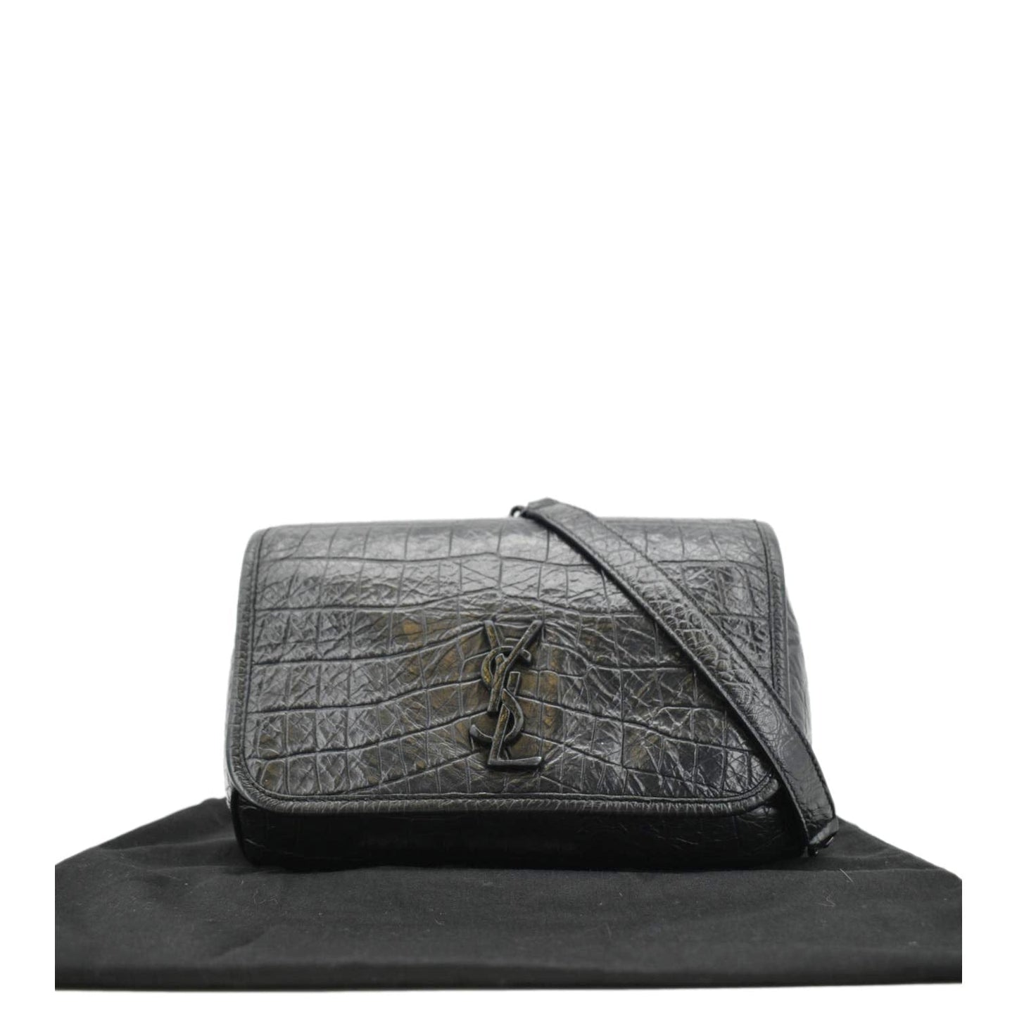 YSL Saint Laurent Niki Crocodile Shoulder Bag Leather Black Baby