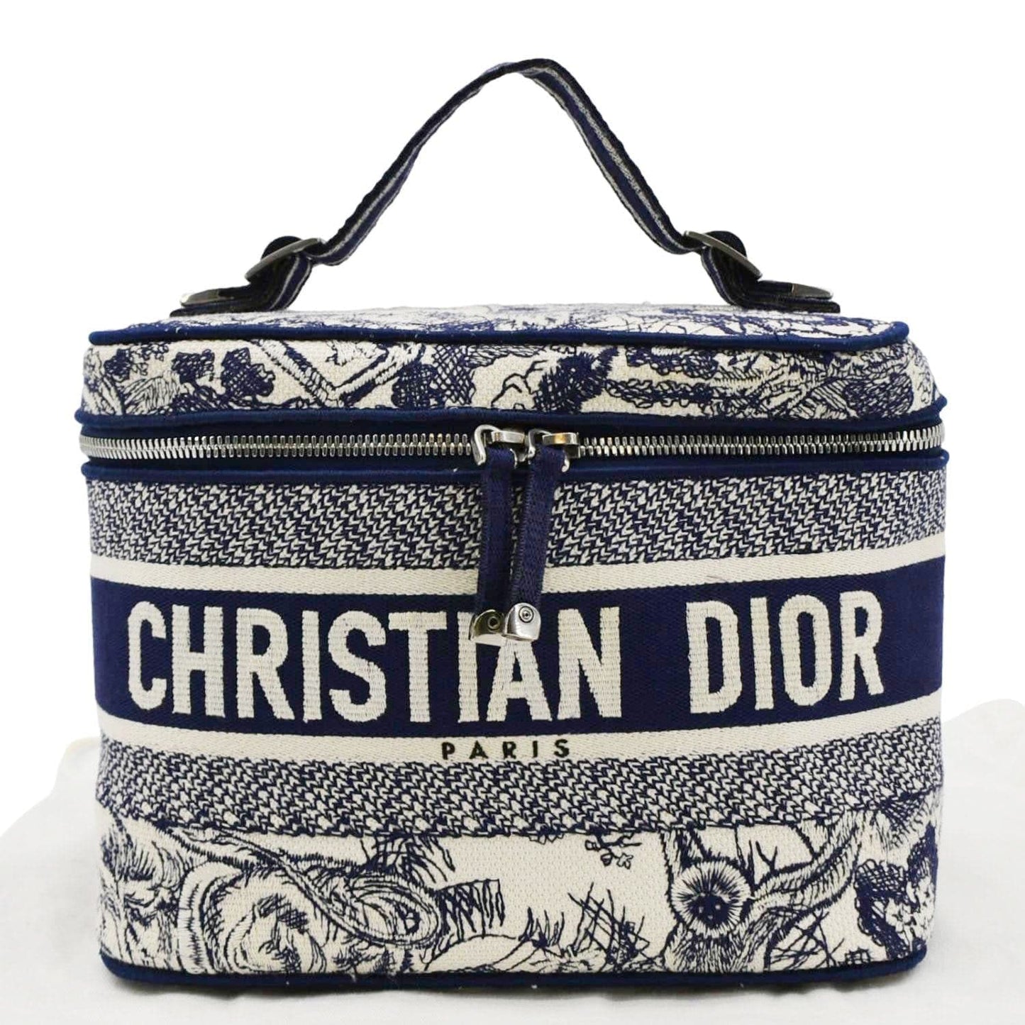 Dior Travel Oblique Embroidery Vanity Case Handbag Canvas Blue Travel Bag