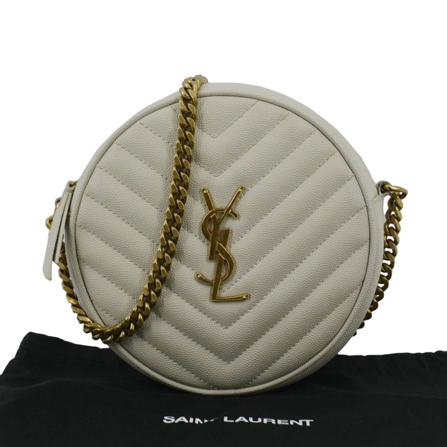YSL Saint Laurent Yves Vinyle Round Chevron Camera Crossbody Bag Grey Leather Gray