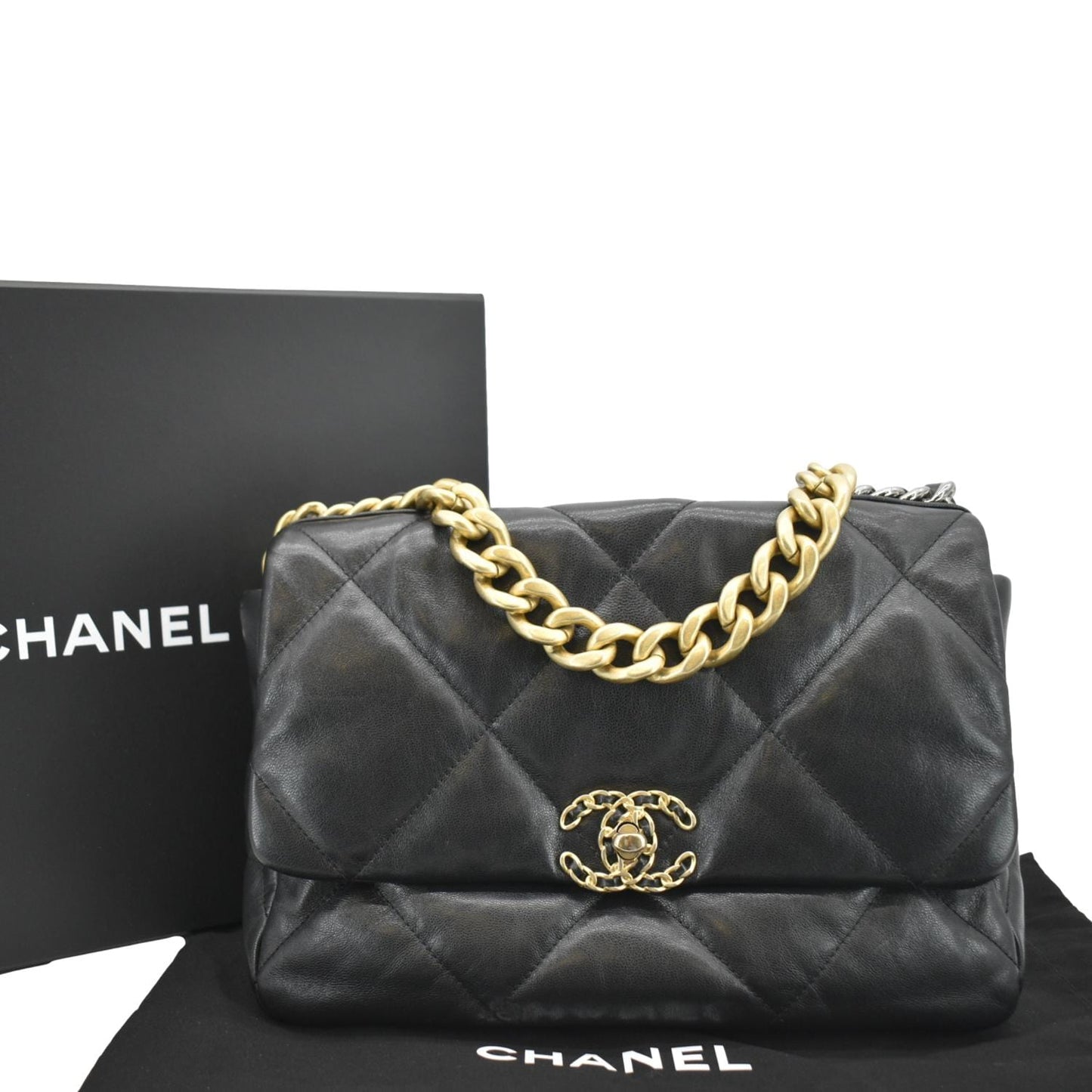 Chanel 19 Flap Quilted Leather Lambskin Black Travel Bag Bag Black