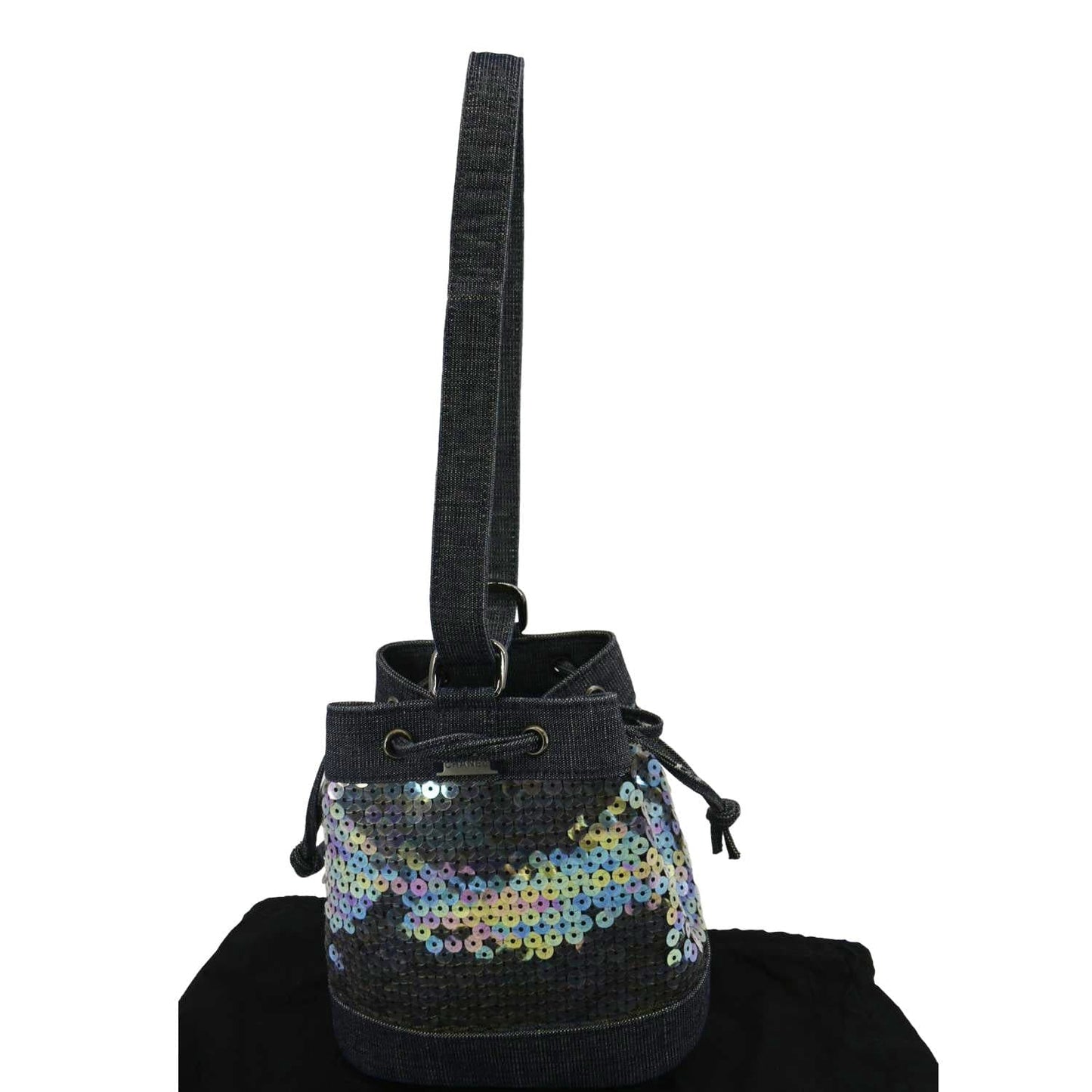 Chanel Sequin Denim Small Drawstring Bucket Bag Blue