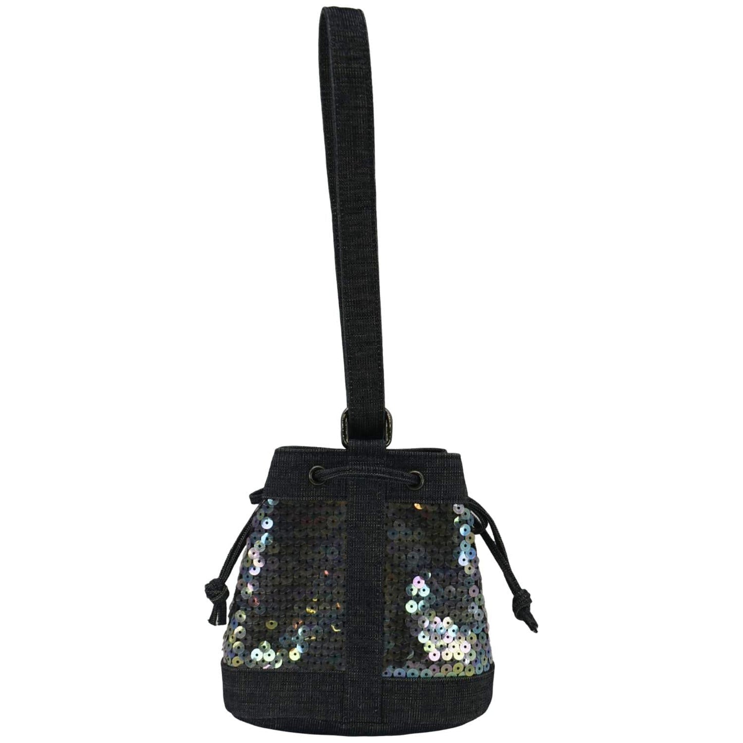 Chanel Sequin Denim Small Drawstring Bucket Bag Blue