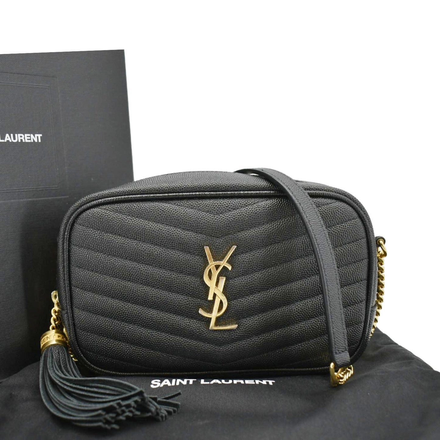 YSL Saint Laurent Yves Lou Chevron Camera Crossbody Bag Leather Black Mini