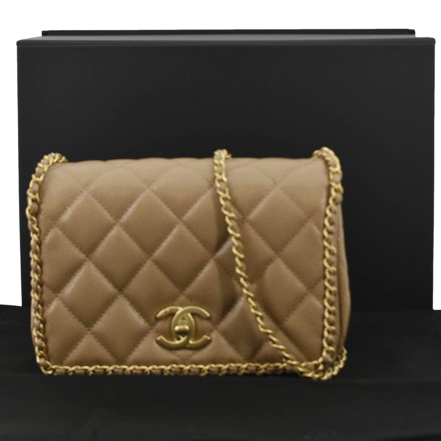 Chanel Around Flap Quilted Leather Gold Beige Travel Bag