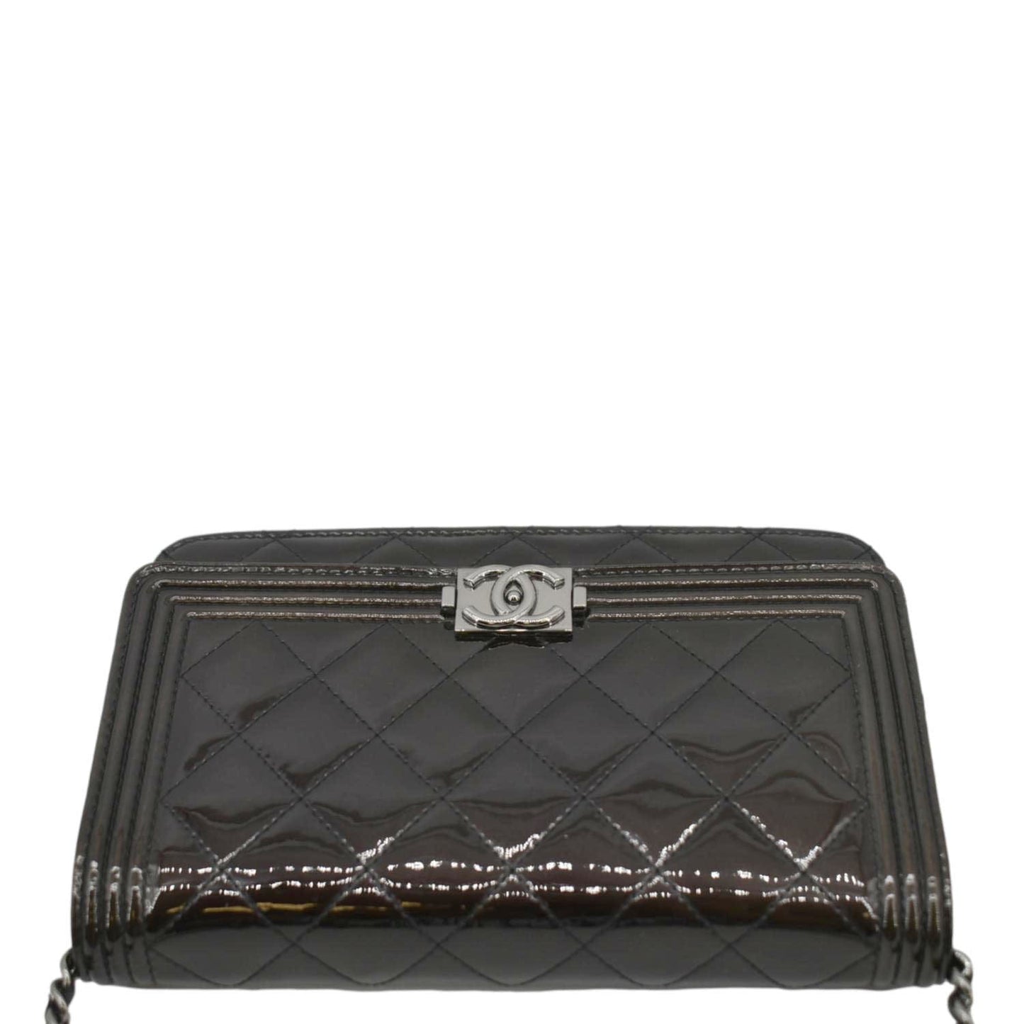 Chanel Boy WOC Quilted Patent Leather Wallet On Chain Shoulder Bag Black