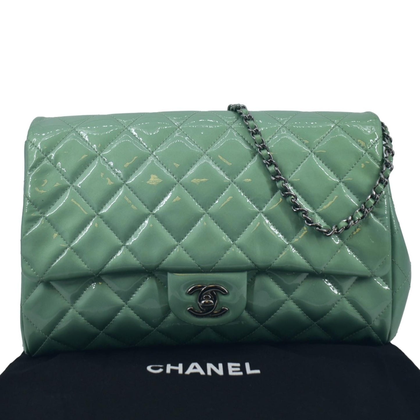 Chanel Flap Quilted Patent Leather Shoulder Bag Green