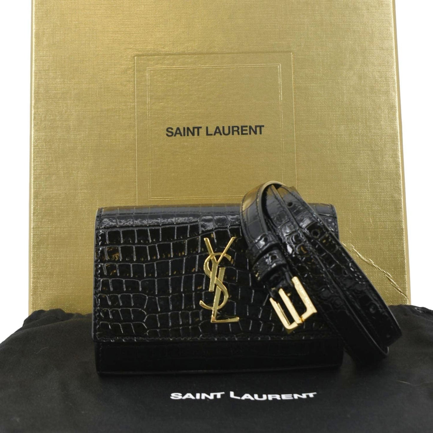YSL Saint Laurent Yves Kate Crocodile Belt Bag Leather Black Embossed