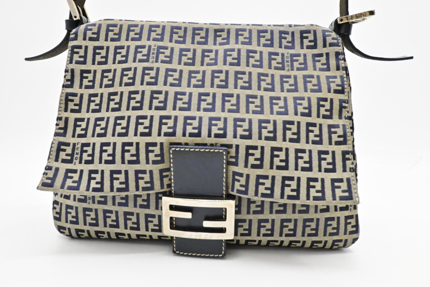 Fendi Mama Baguette In Zucca Handbag Canvas Navy Shoulder Bag And Grey Canvas