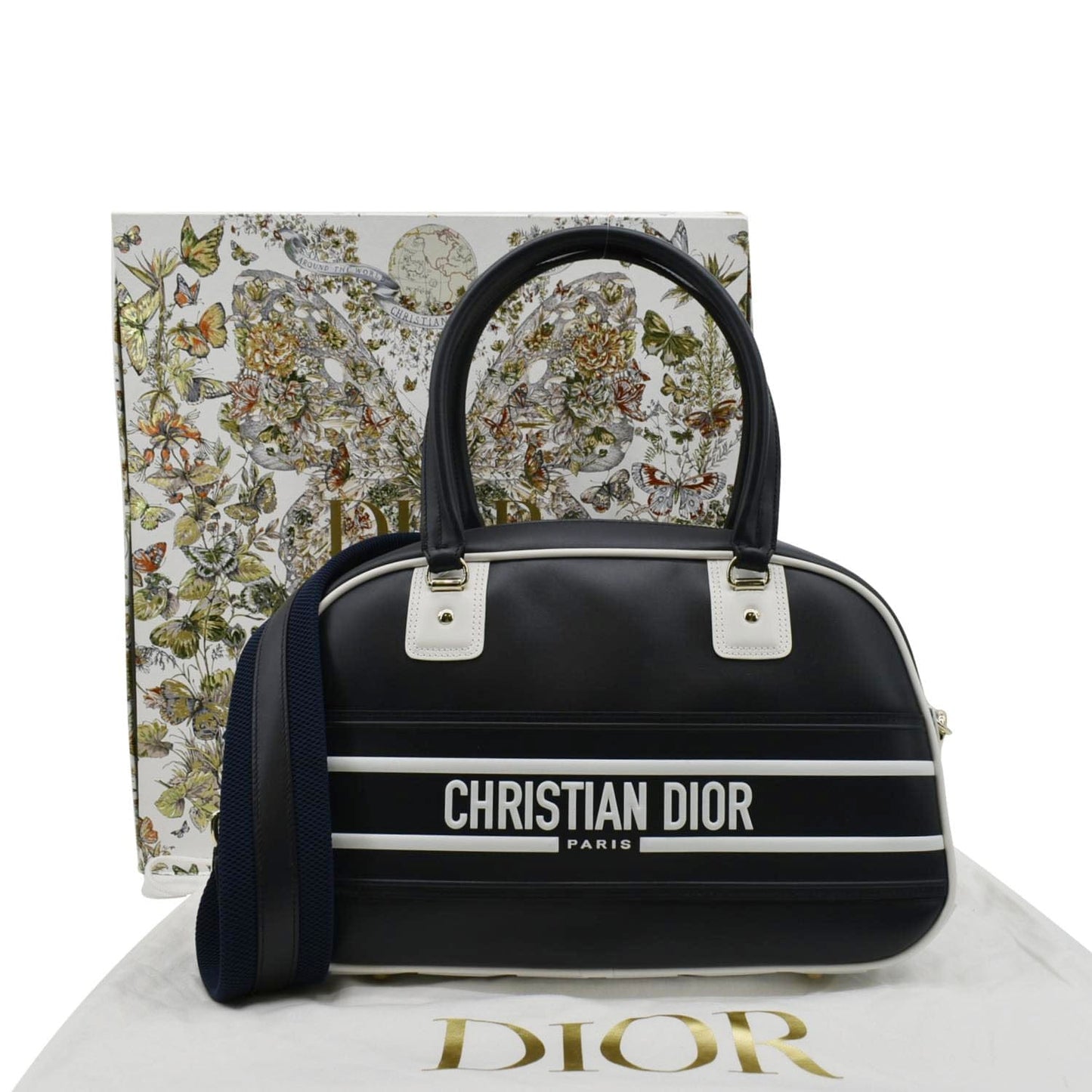 Dior Vibe Zip Bowling Shoulder Bag Navy Leather Blue