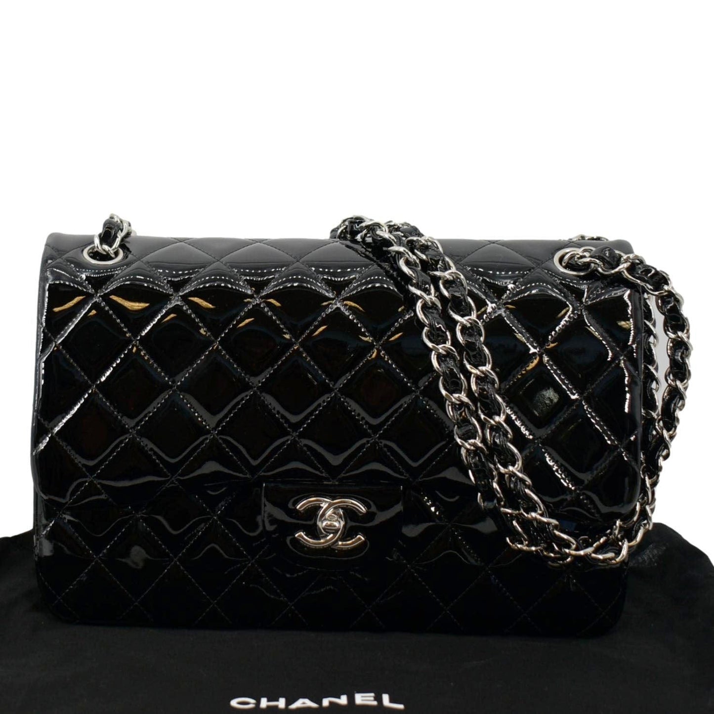 Chanel Jumbo Flap Quilted Patent Leather Black Travel Bag