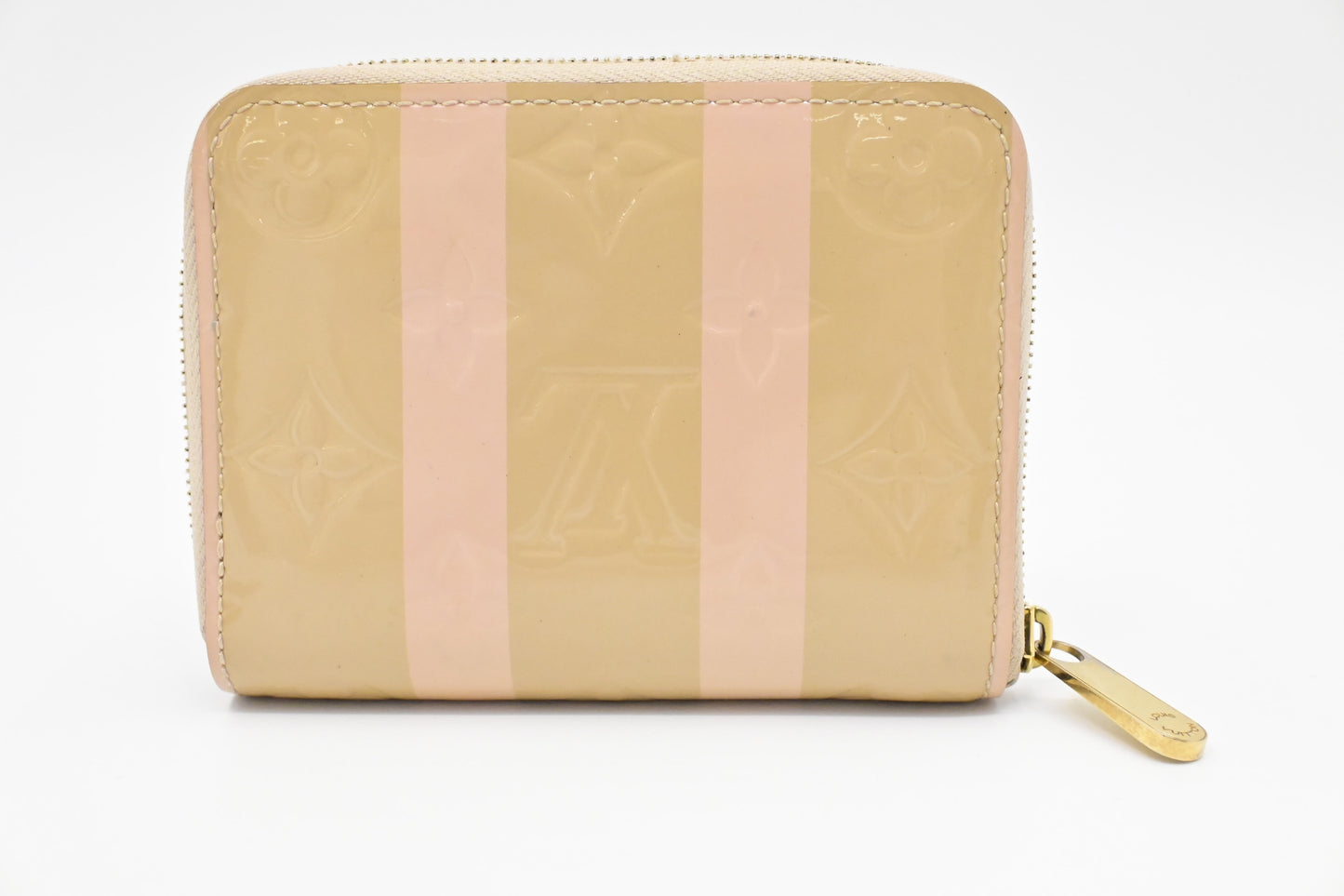 Louis Vuitton Compact Zippy Rayures Vernis Leather Pink Beige Wallet Case