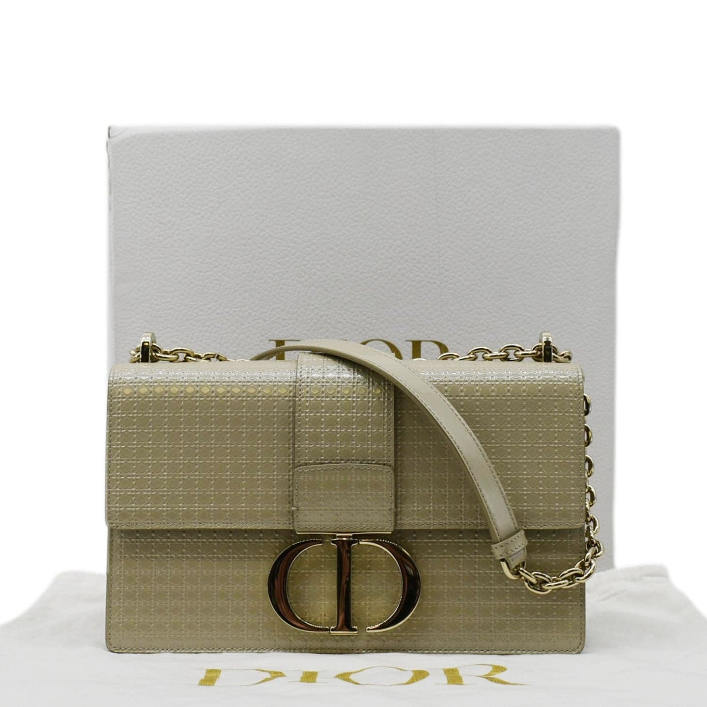 Dior Micro Cannage Montaigne Patent Crossbody Bag Light Leather Beige