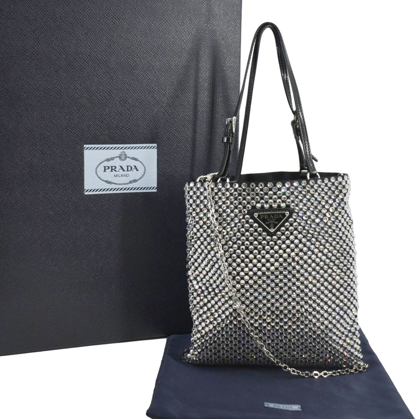 Prada Flat Crystal Embellished Tote Bag Satin Silver Mini Shoes