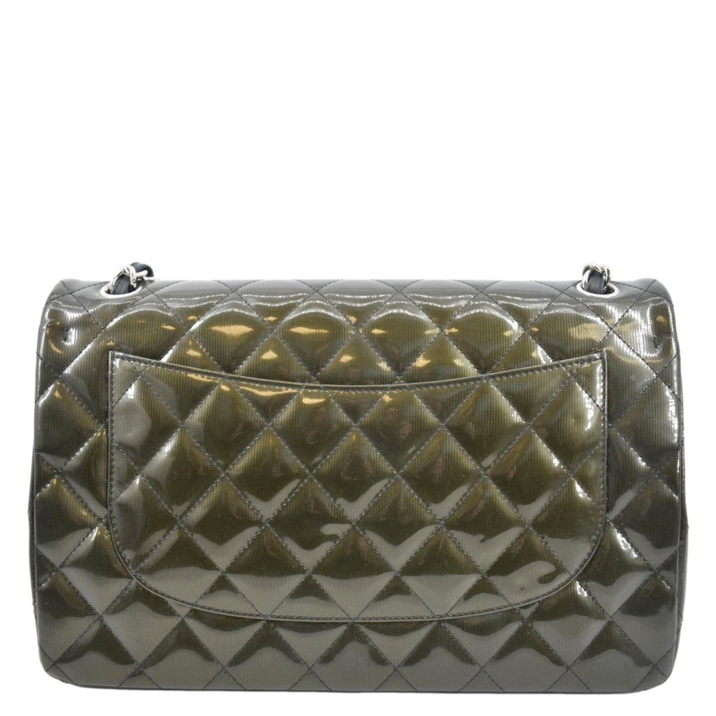 Chanel Jumbo Flap Striated Quilted Patent Leather Shoulder Bag Green