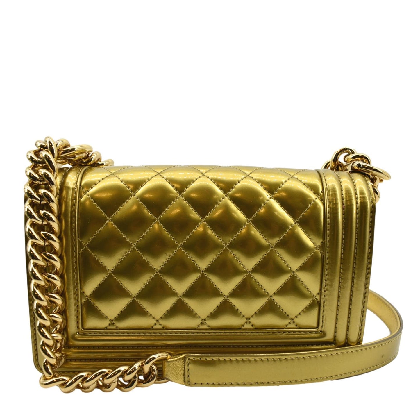 Chanel Boy Flap Quilted Patent Leather Gold Travel Bag