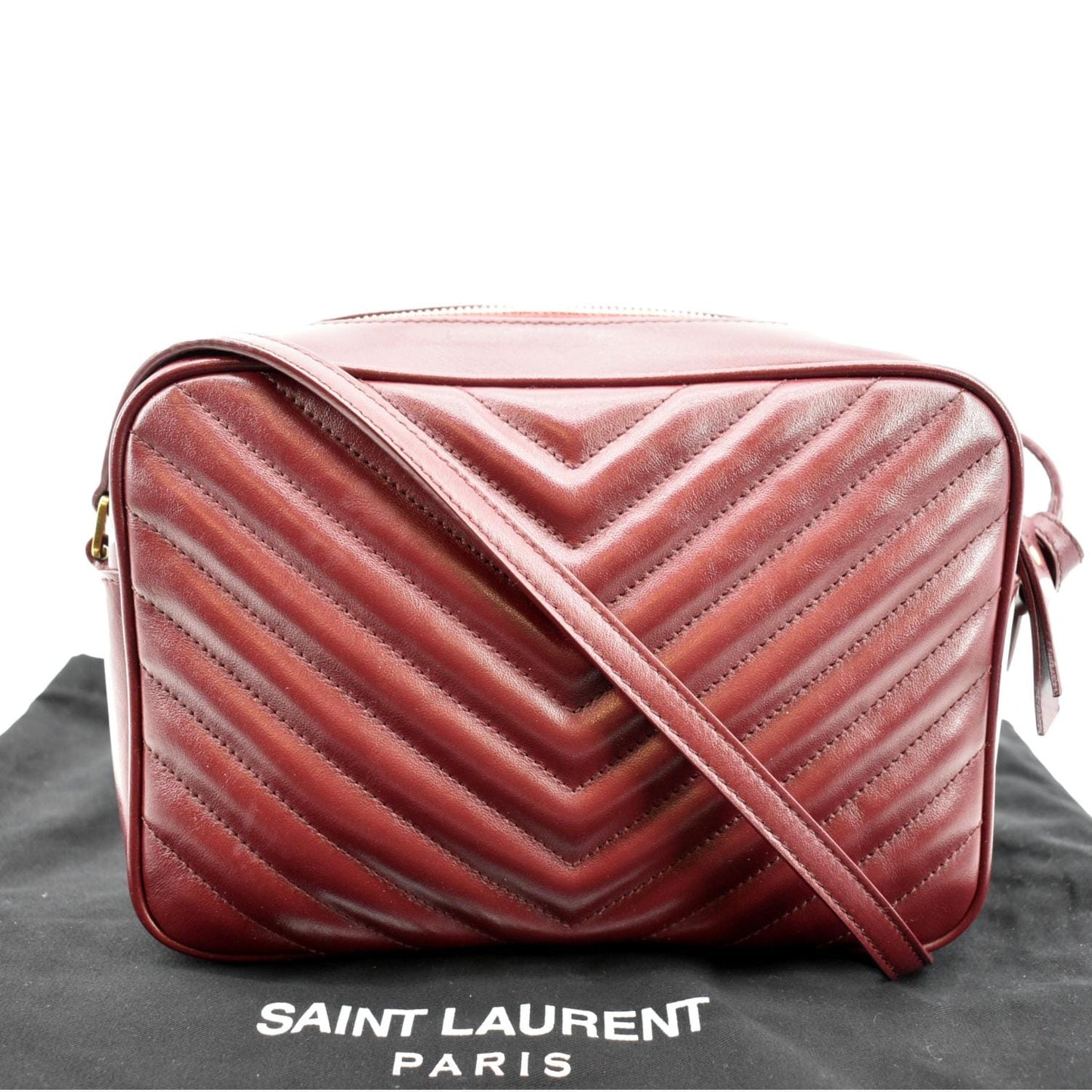 YSL Saint Laurent Yves Lou Camera Chevron Crossbody Bag Maroon Leather