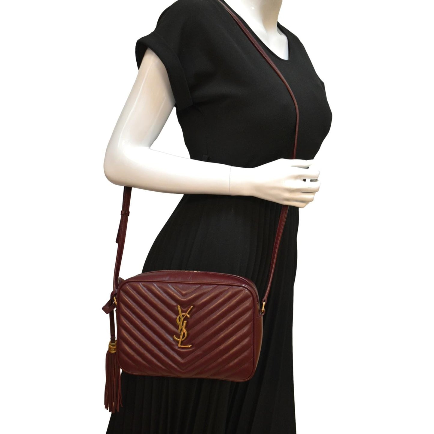 YSL Saint Laurent Saint Lou Camera Chevron Crossbody Bag Maroon Leather