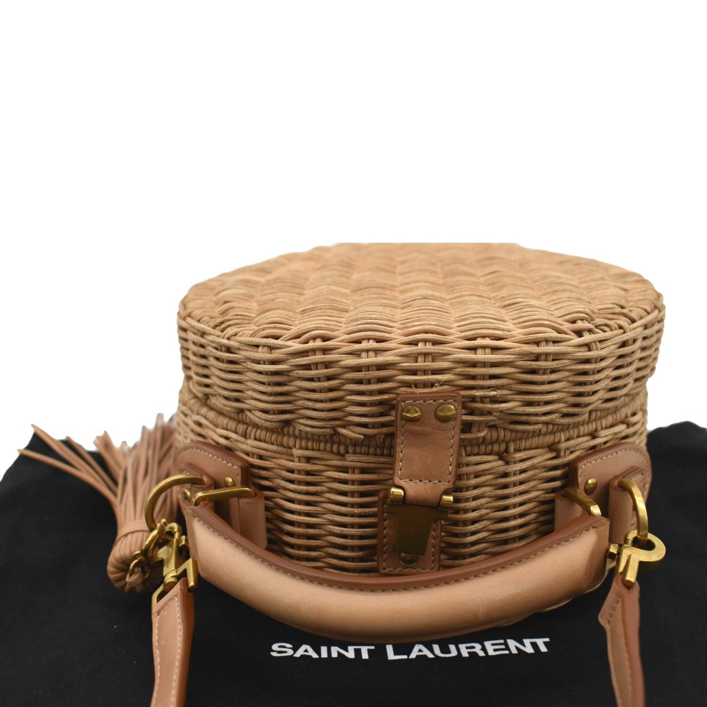 YSL Saint Laurent Yves Mica Crossbody Bag Leather Wicker Beige