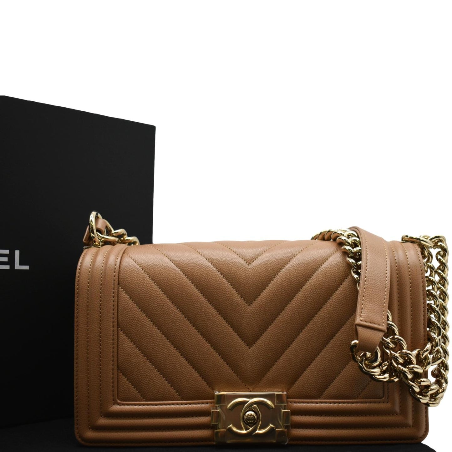 Chanel Boy Flap Chevron Caviar Leather Beige Travel Bag