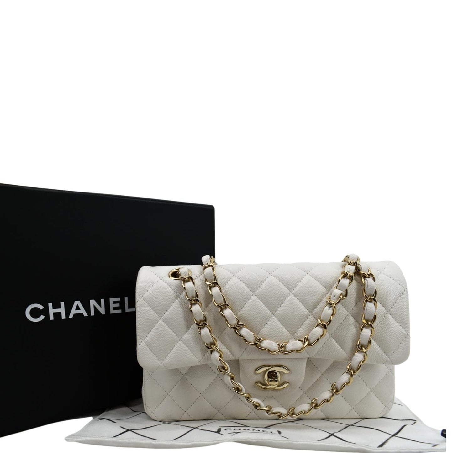 Chanel Classic Double Flap Caviar Leather White Travel Bag