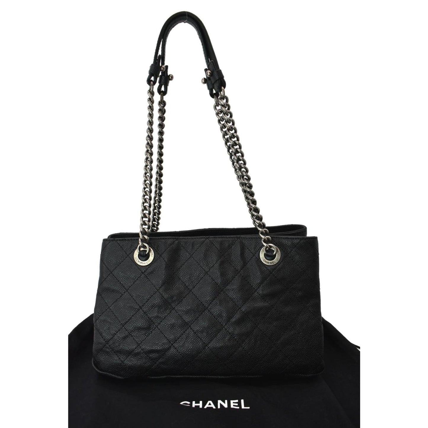 Chanel CC Zip Diamond Embossed Shopping Leather Black Travel Bag