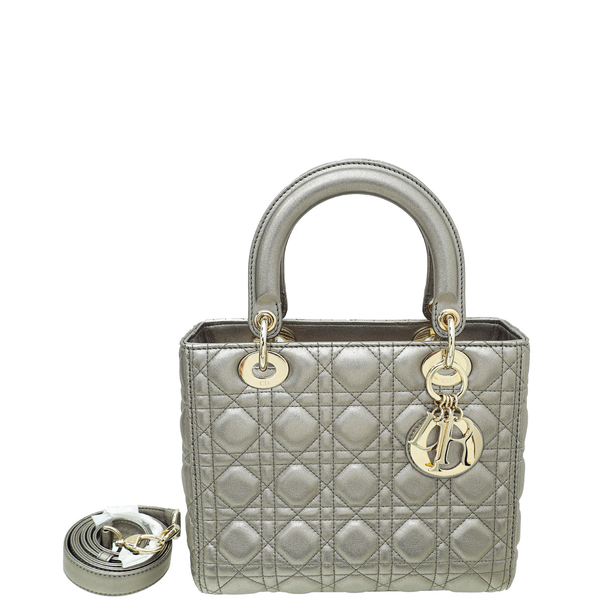 Dior Handbag Christian Metallic Grey Lady Bag Gray Medium Shoulder Bag