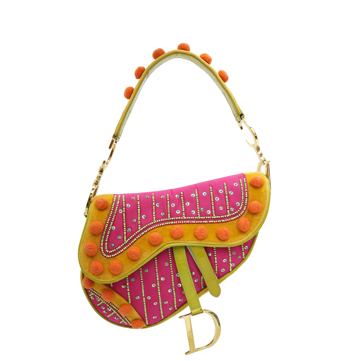 Dior Handbag Christian L.E Pom Pom Embellished Saddle Bag Multicolor Medium Shoulder Bag