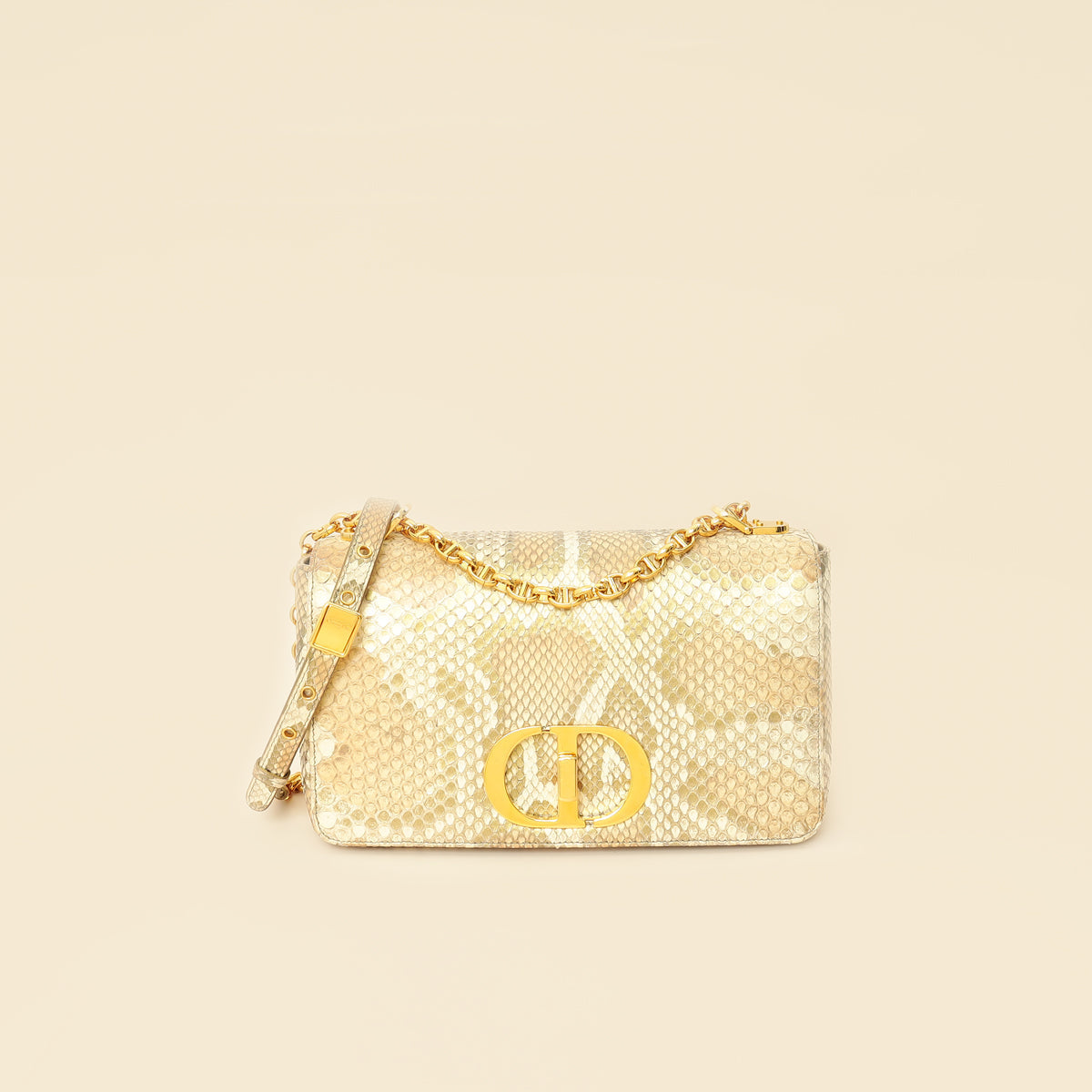 Dior Handbag Christian Metallic Golden Caro Shoulder Bag Python Beige Medium