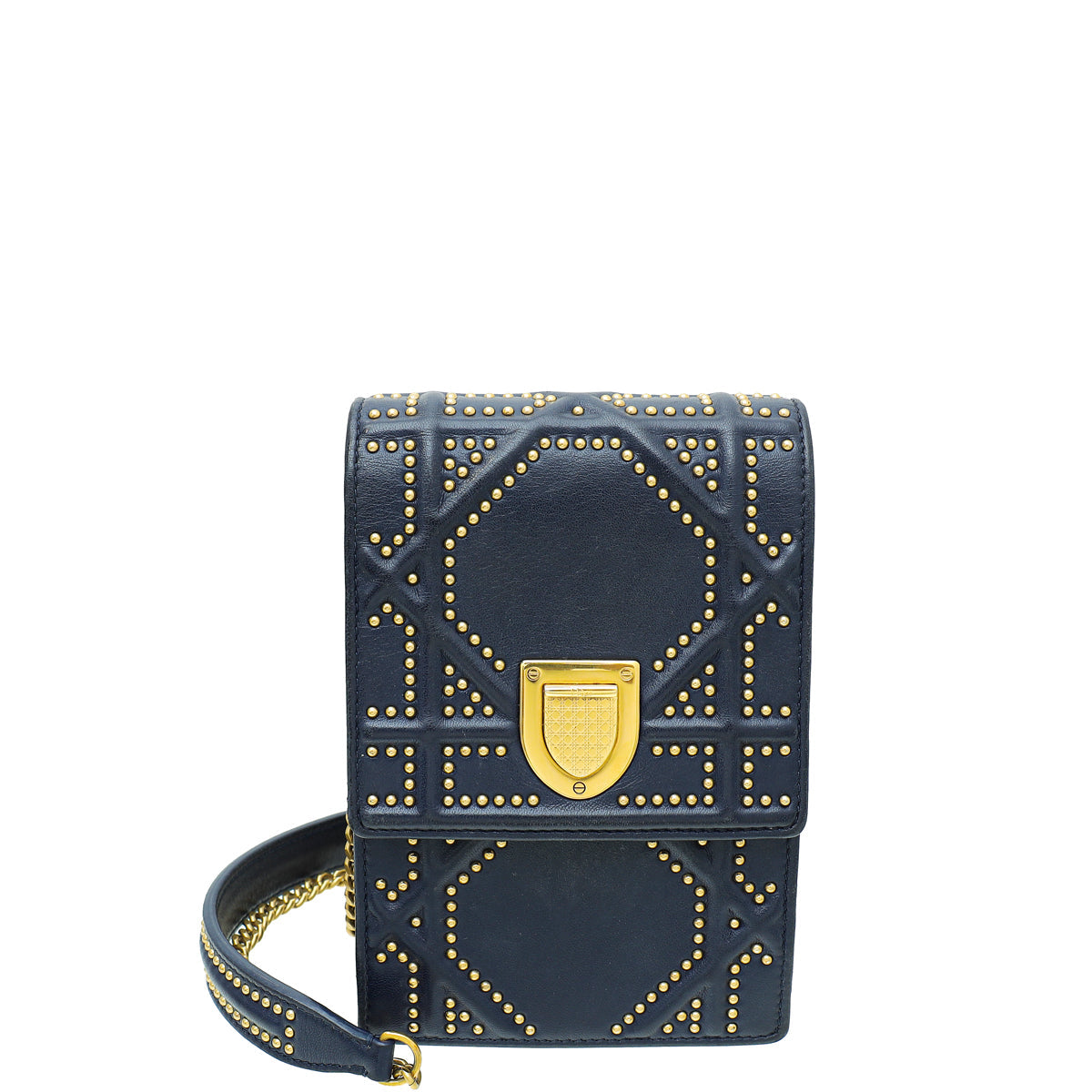 Dior Shoulder Bag Christian ama Studded Vertical Wallet Blue Navy Chain