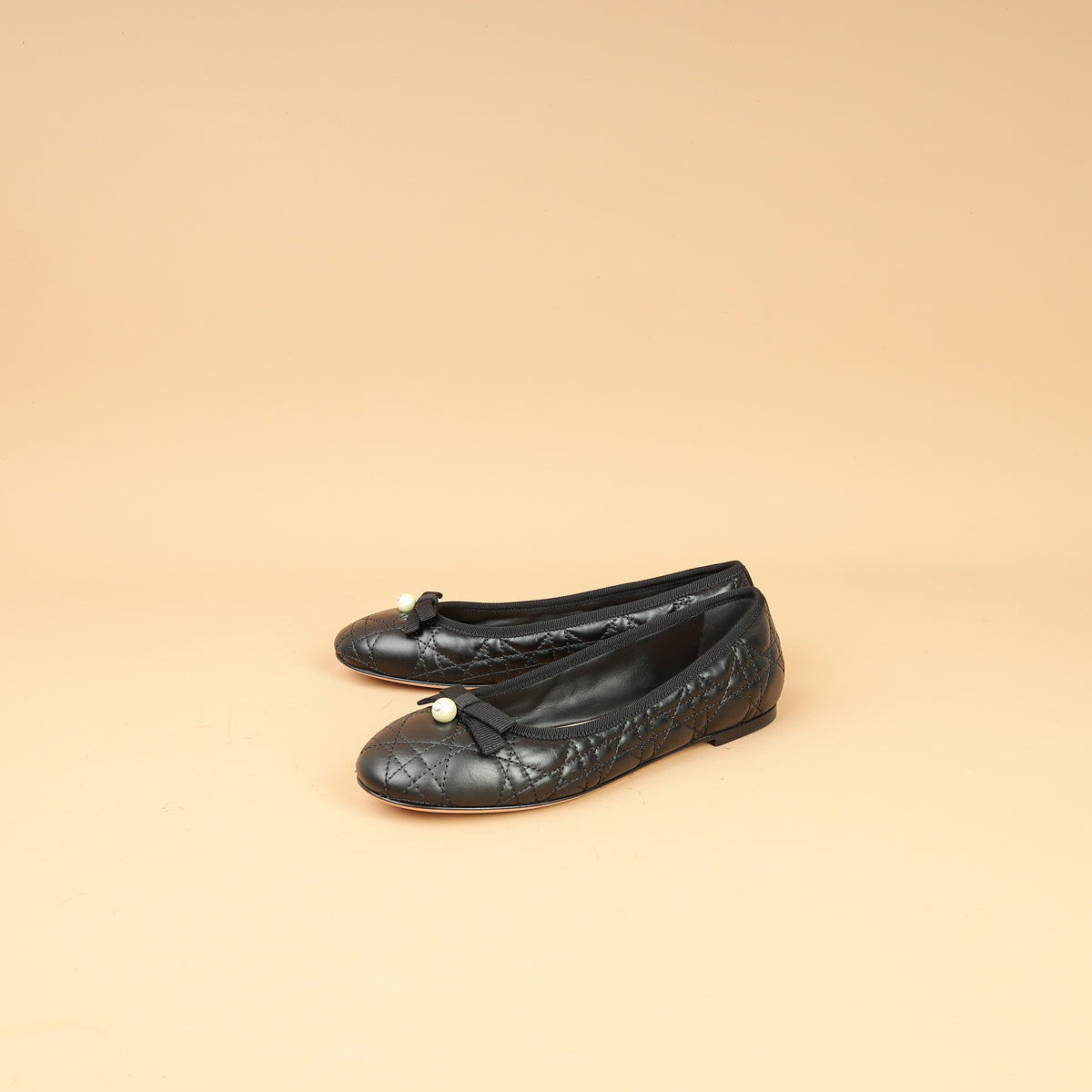 Dior Shoe Christian Cannage CD Pearl Bow Ballet Flats Black Shoes