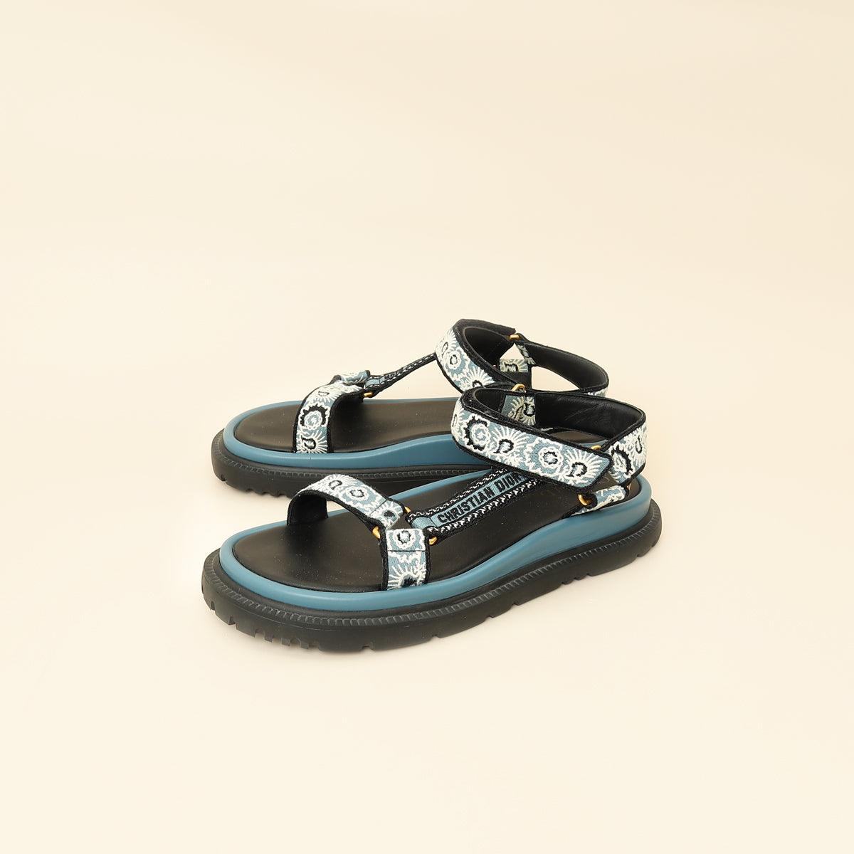 Dior Shoe Christian D-Wave Cotton Sandal 39 Blue Multicolor Embroidered Shoes