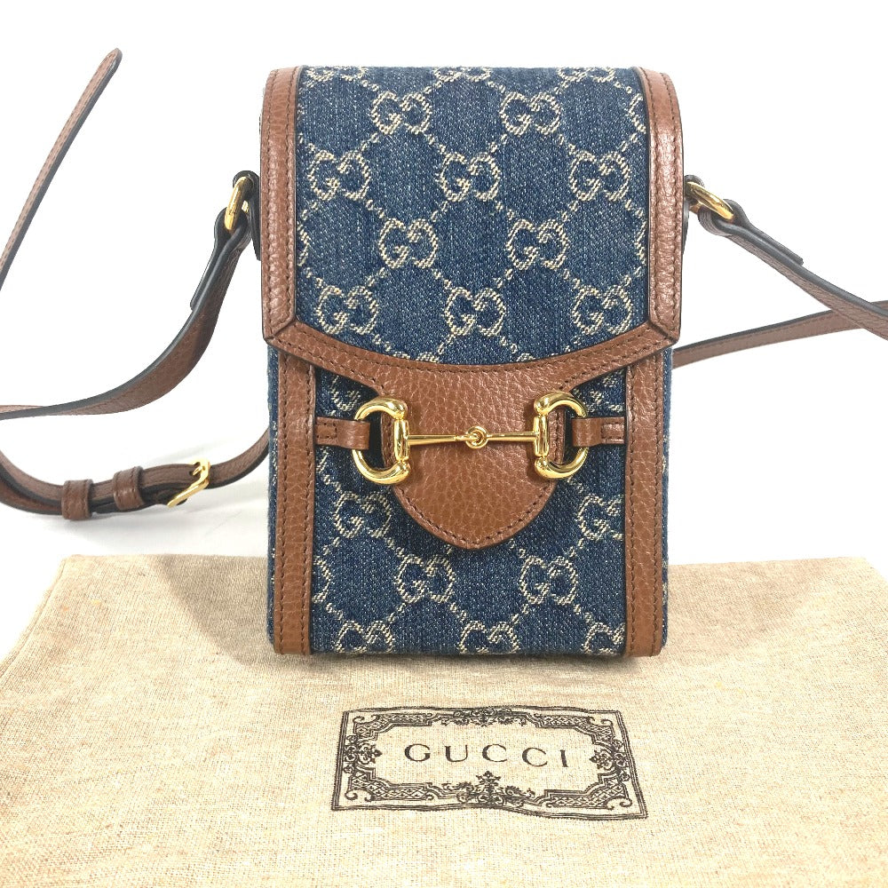 Gucci x GG Horsebit Leather Denim Brown Blue Shoulder Bag