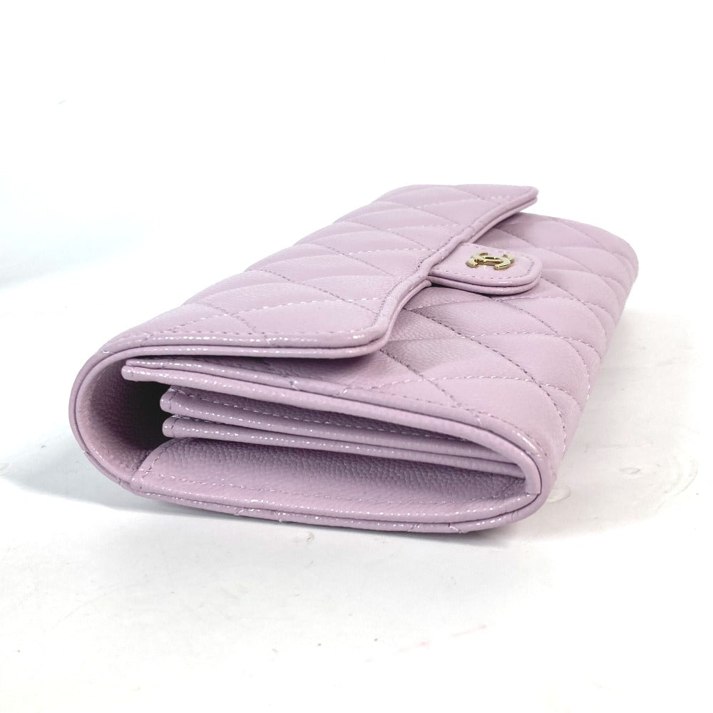 CHANEL Long Wallet Purse AP0241 Caviar skin Light purple CC COCO Mark Classic Quilted Matelasse Women
