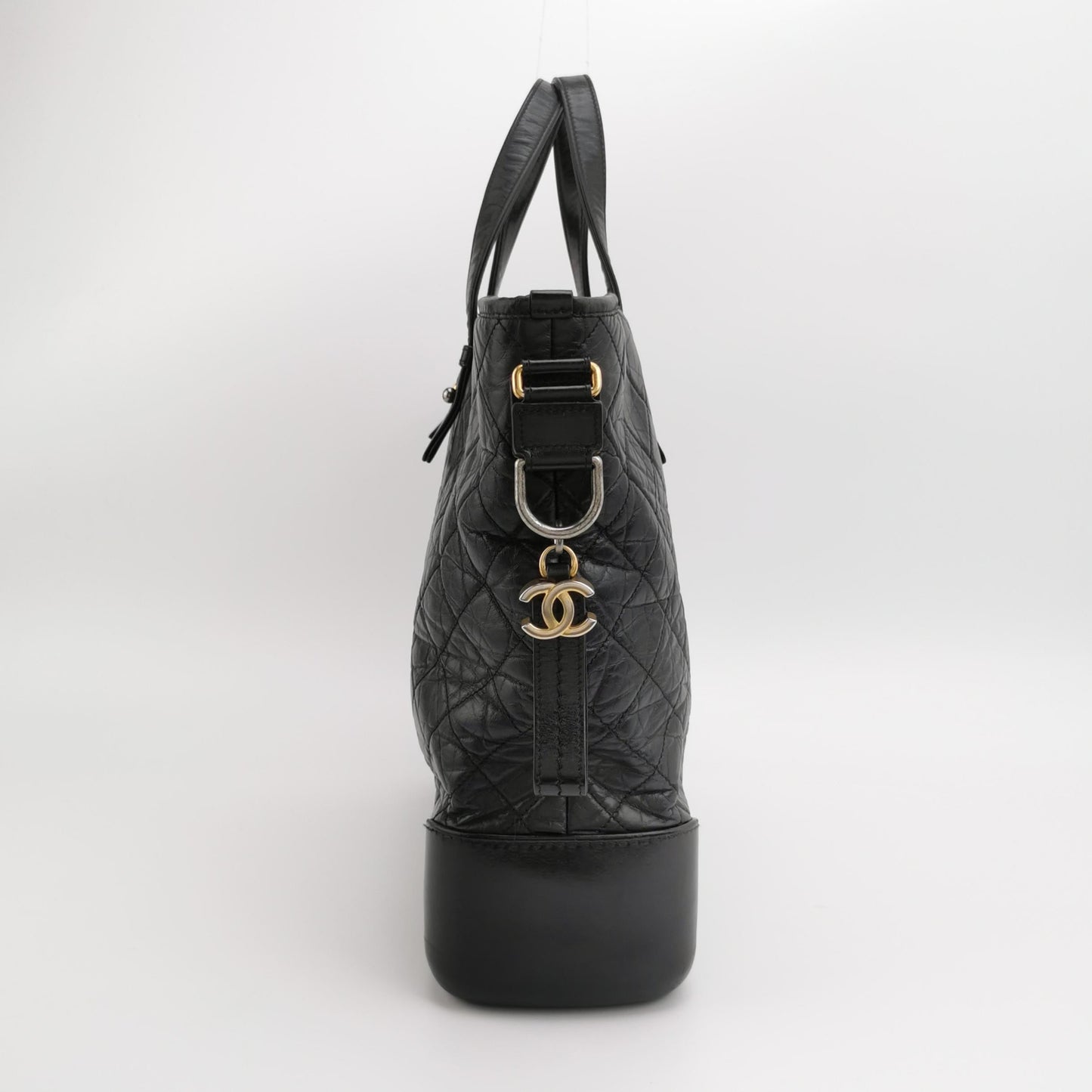 Chanel Gabrielle Crumbled Calfskin Hardware Black Silver Leather Tote Bag