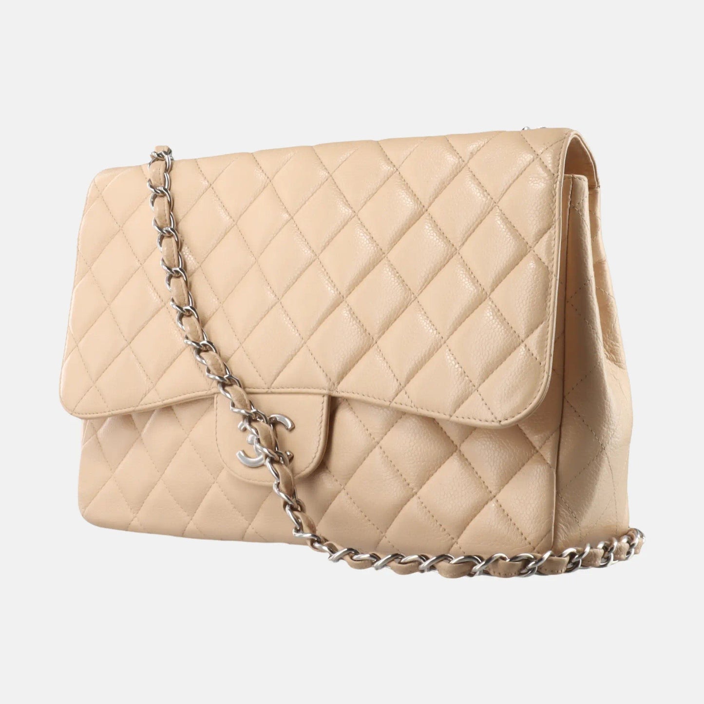 Chanel Classic Flap Jumbo Caviar Single Flap Silver Beige Leather Handbag