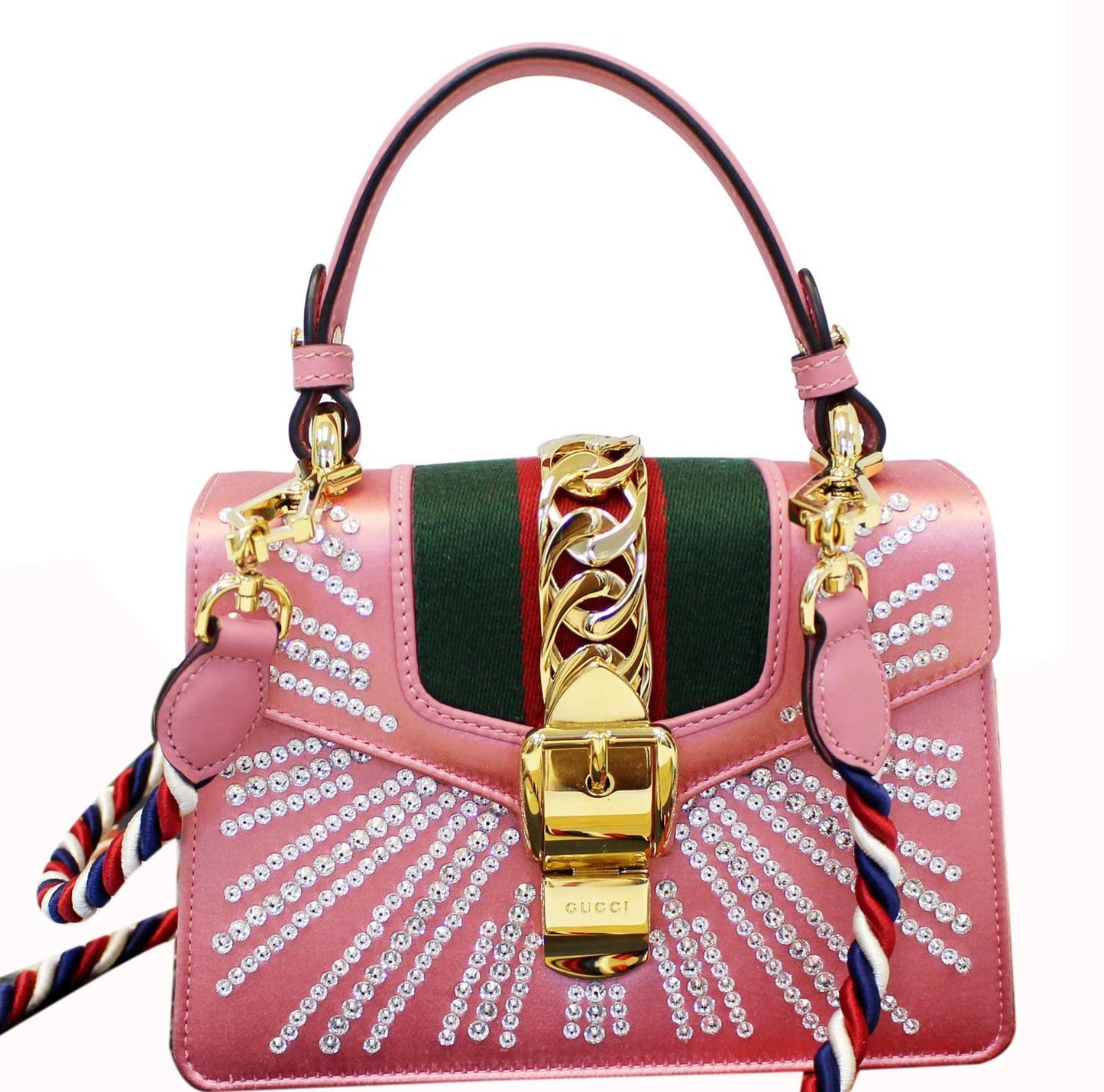 Gucci Sylvie Crystal Shoulder Bag Peony Satin Mini