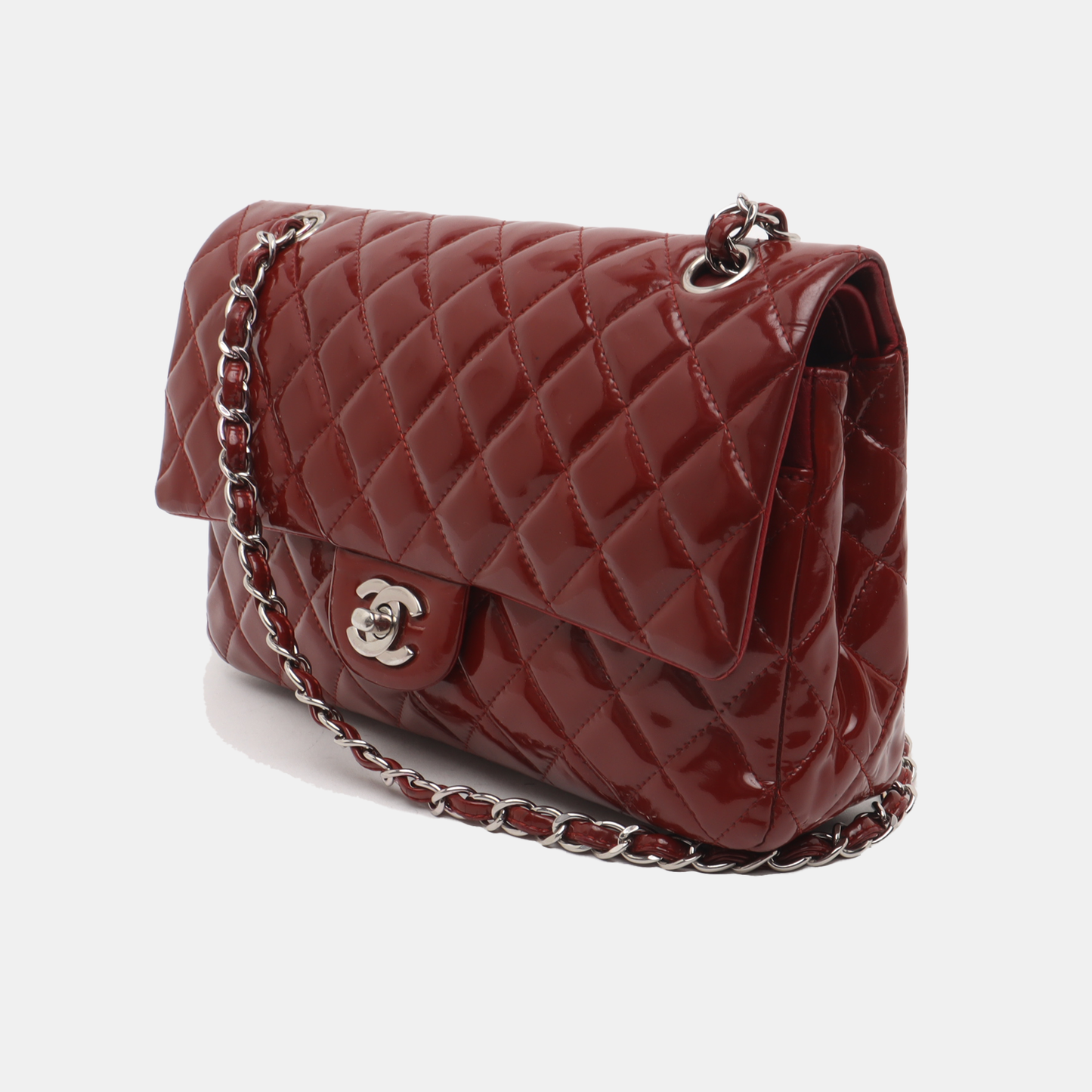 Chanel Classic Flap Burgundy Patent HW Silver Leather Handbag