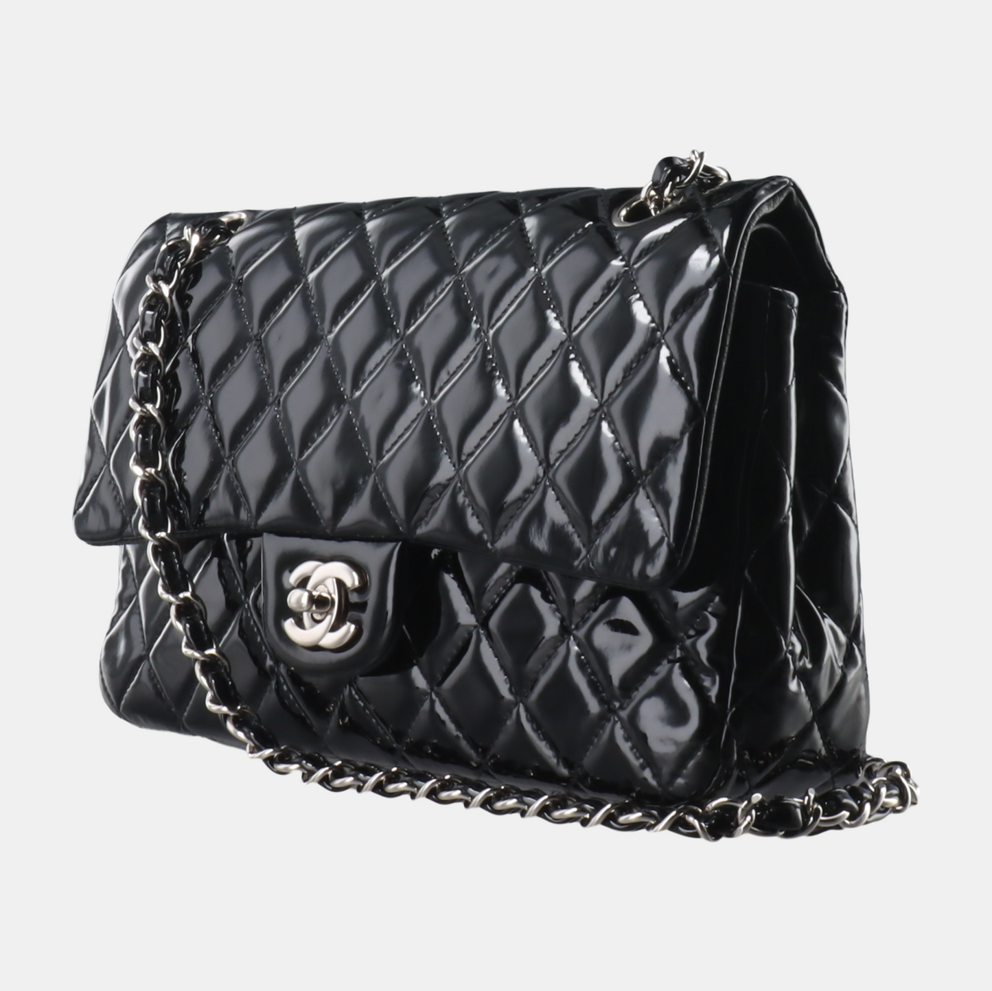 Chanel Classic Flap Patent HW Black Silver Leather Handbag