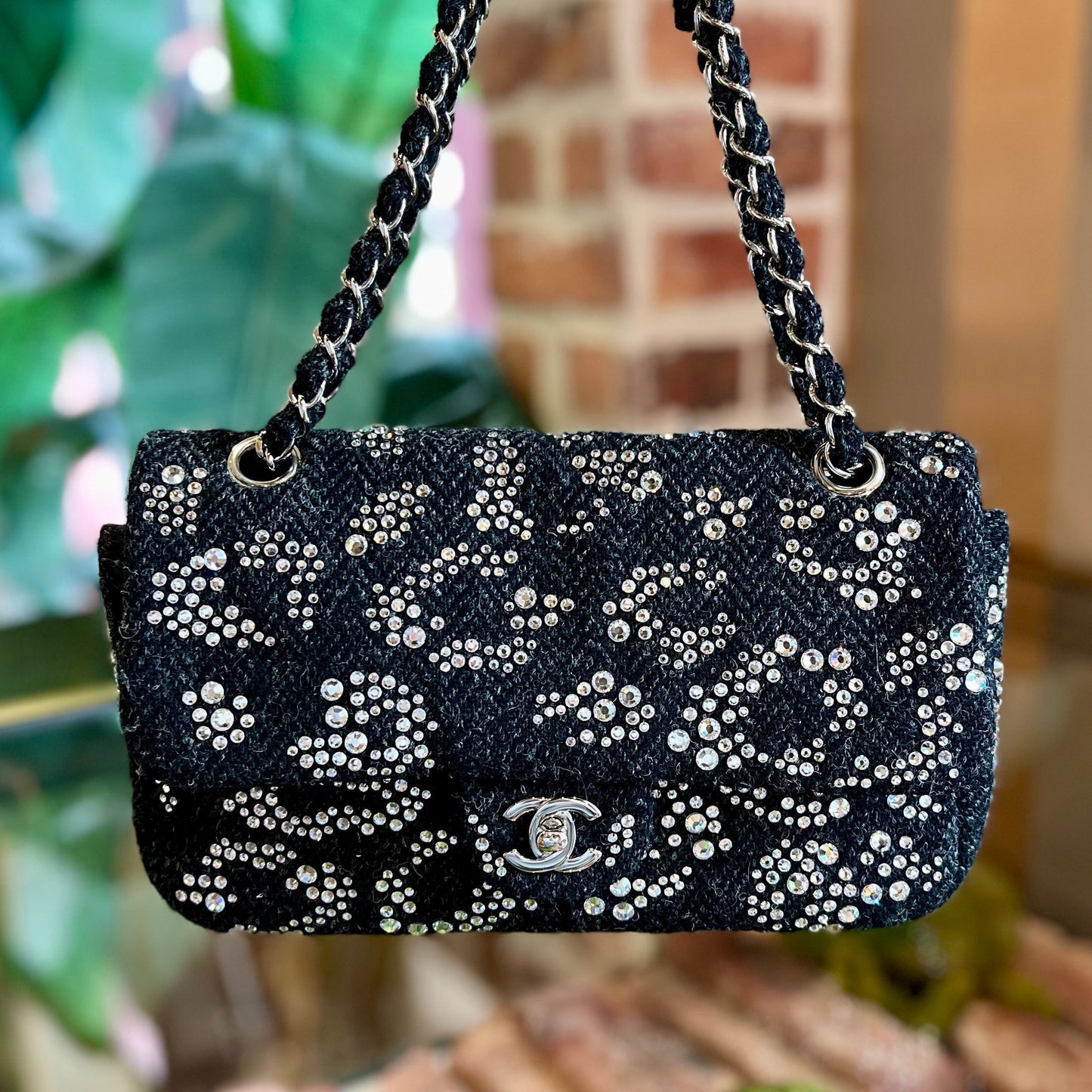Chanel Strass Embellished Medium Black Tweed Single Flap Bag