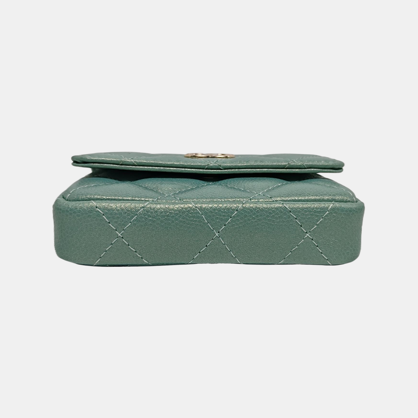 Chanel CC Pearl Coin Card Holder Quilted Green Gold Leather Wallet Case