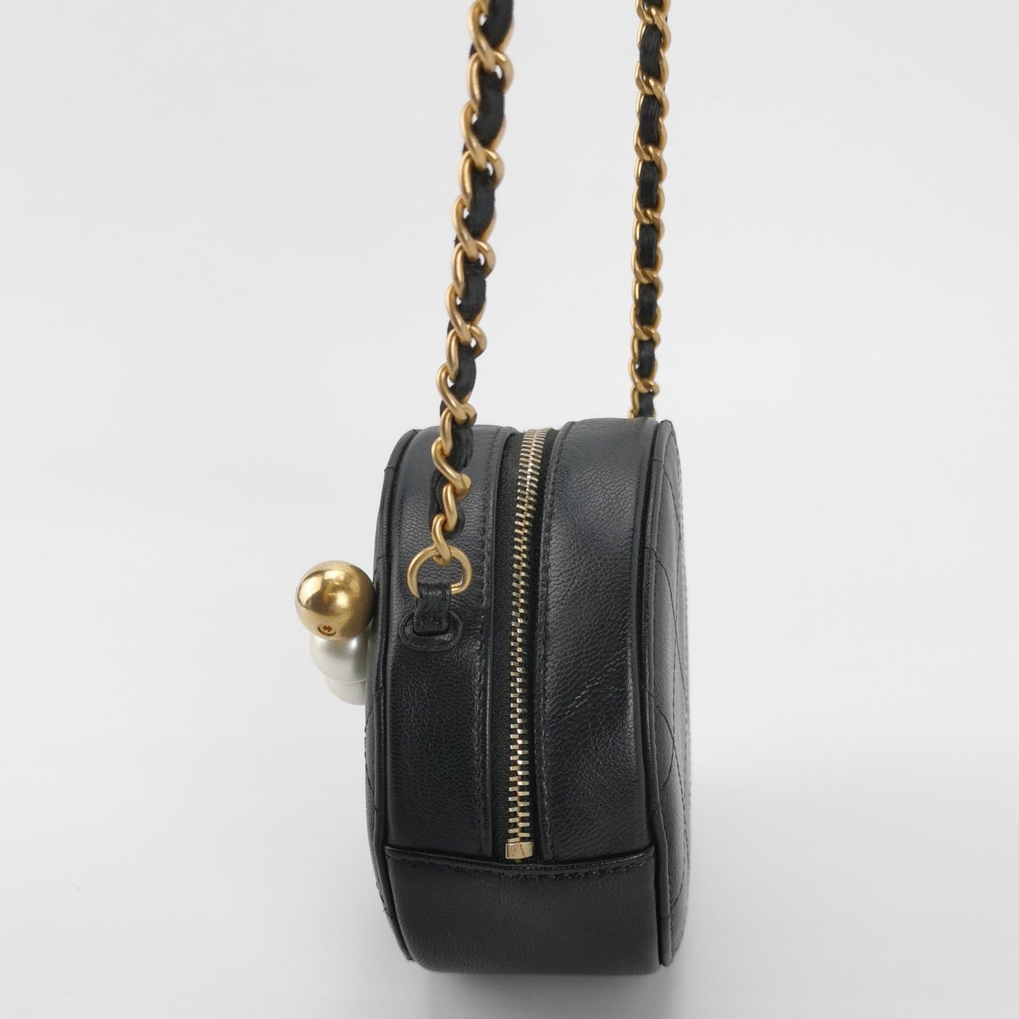 Chanel Round Lambskin Matelasse Pearls Black Leather Crossbody Bag