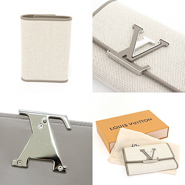 Louis Vuitton Tri-fold M83573 Taupe Portefeuille Compact Leather Canvas Calf Cotton Wallet Case
