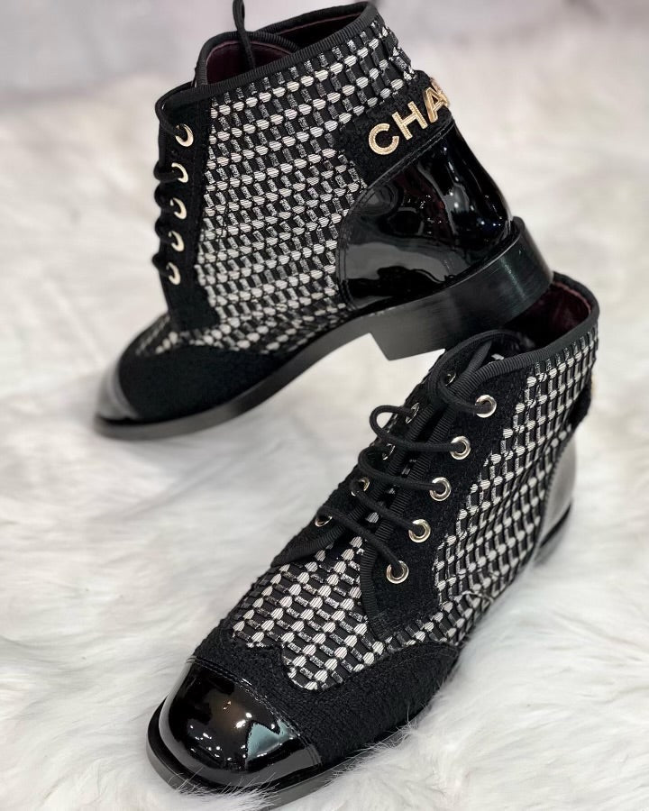 CHANEL TWEED & PATENT LEATHER COMBAT BOOTS