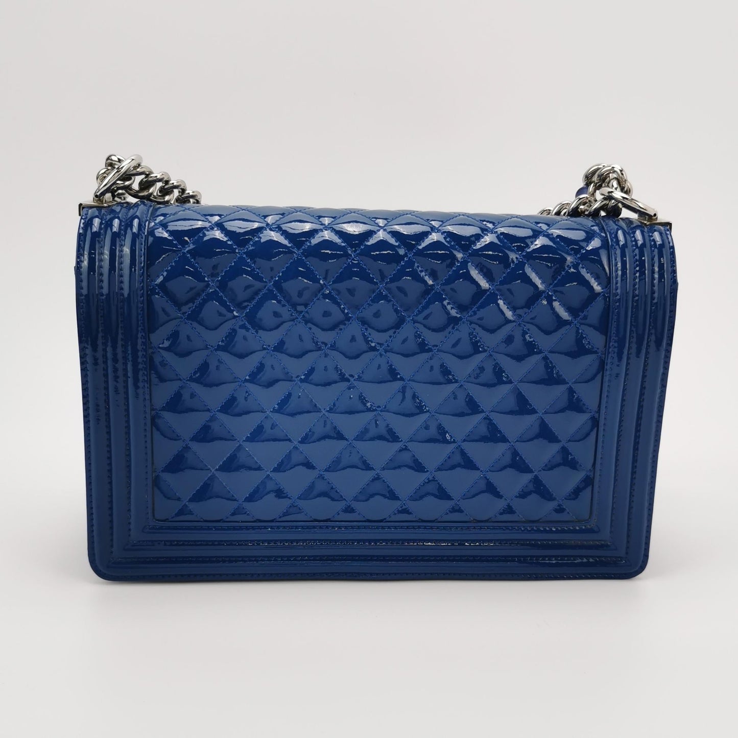 Chanel Le Boy Royal Patent Hardware Blue Silver Leather Handbag