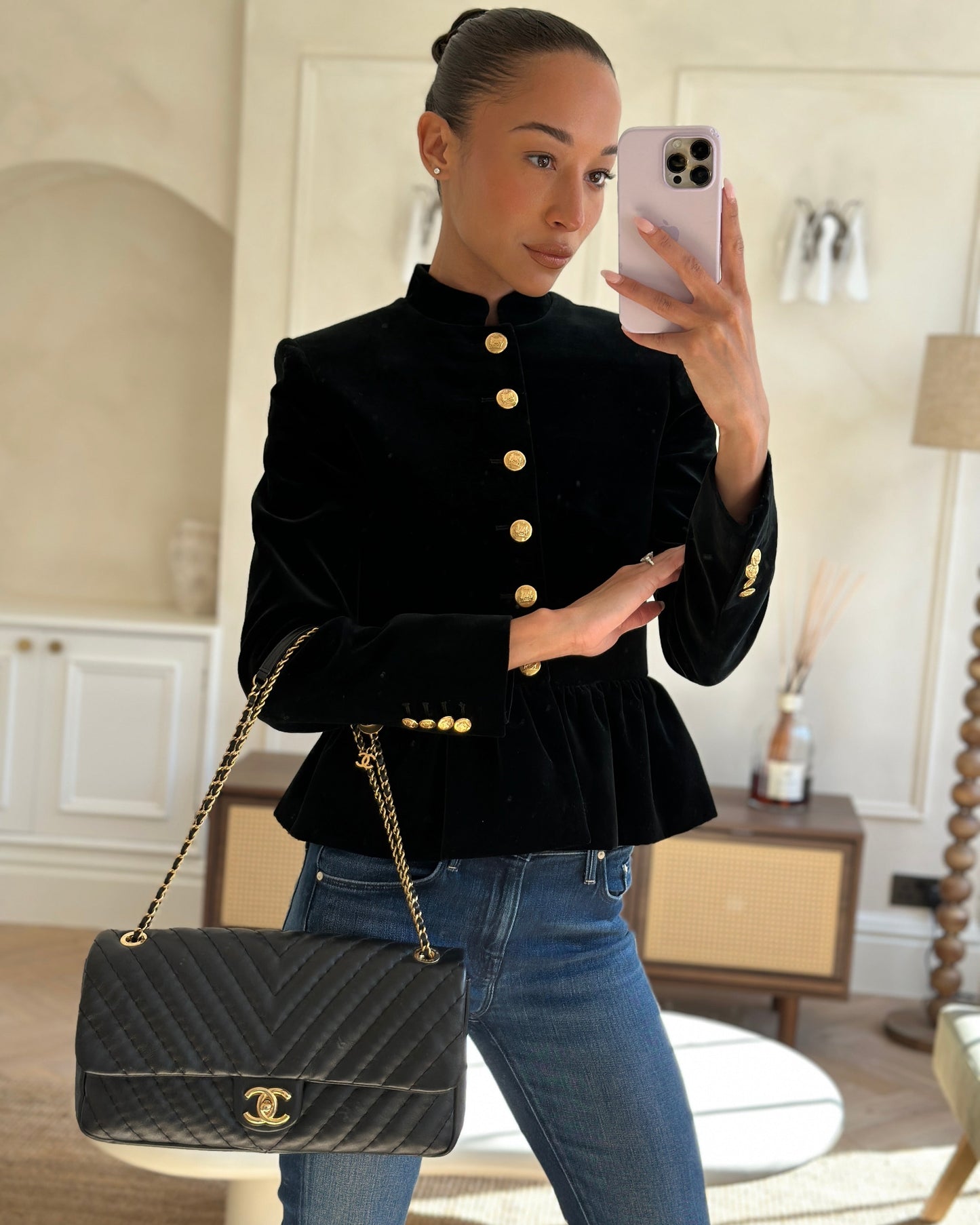 Chanel Black Large Single Flap Bag In Chevron Lambskin Leather With Gold Hardware And Cc Medallion Detail
