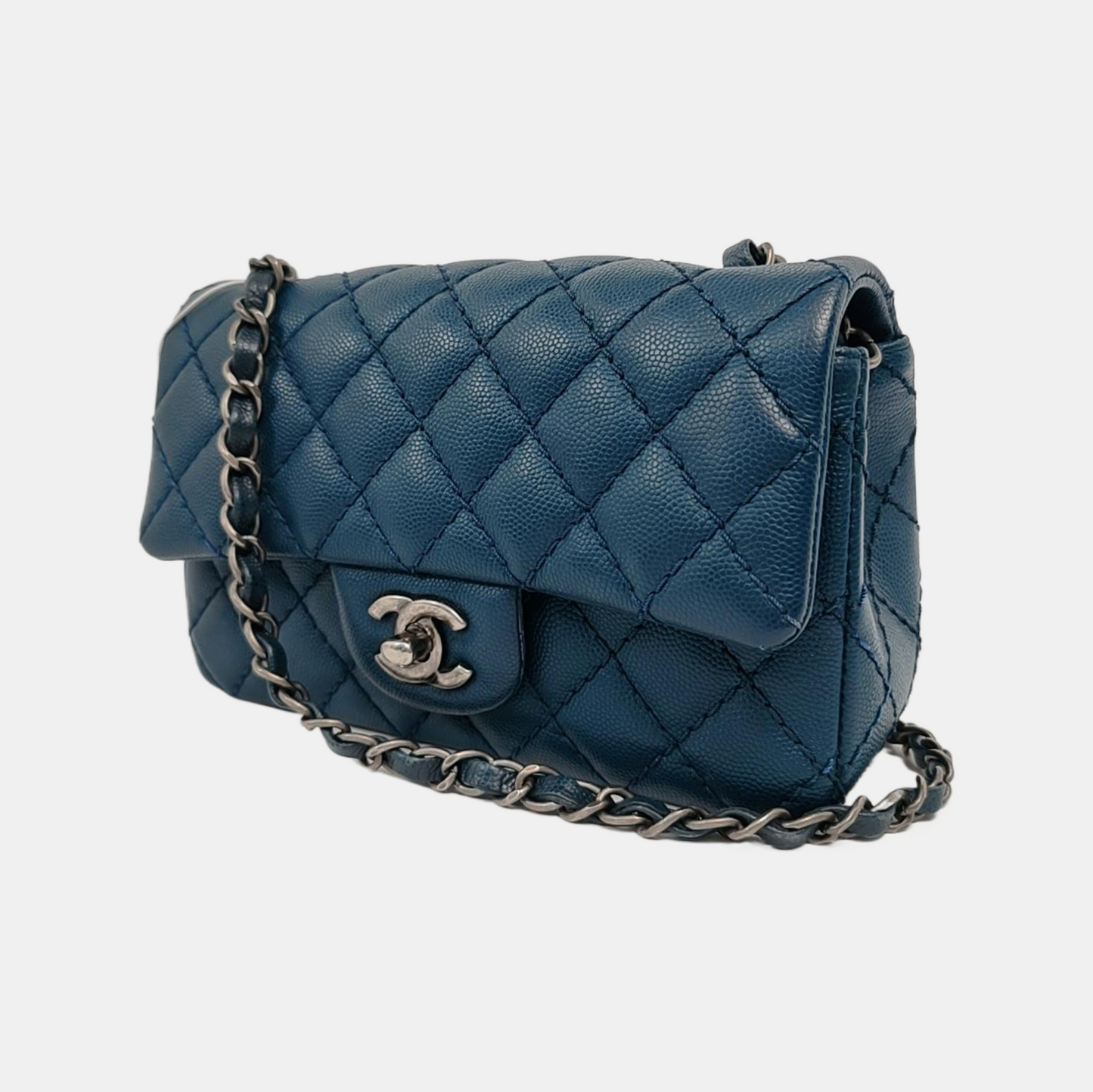 Chanel Classic Flap Rectangular Navy Caviar Hardware Black Silver Leather Mini Bag