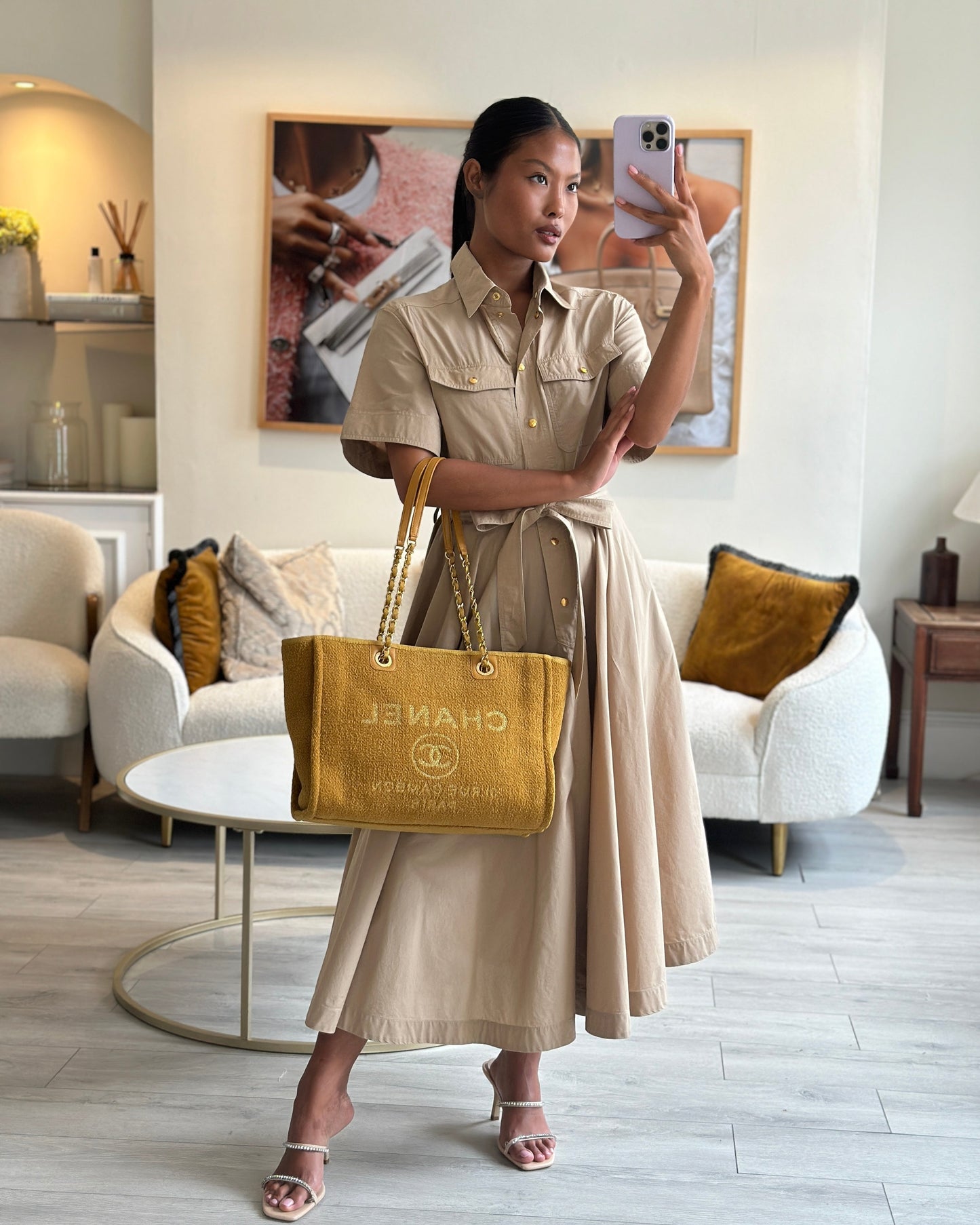 Chanel *hot* Mustard Yellow Small Deauville Tote Bag in Velvet Tweed with Champagne Gold Hardware