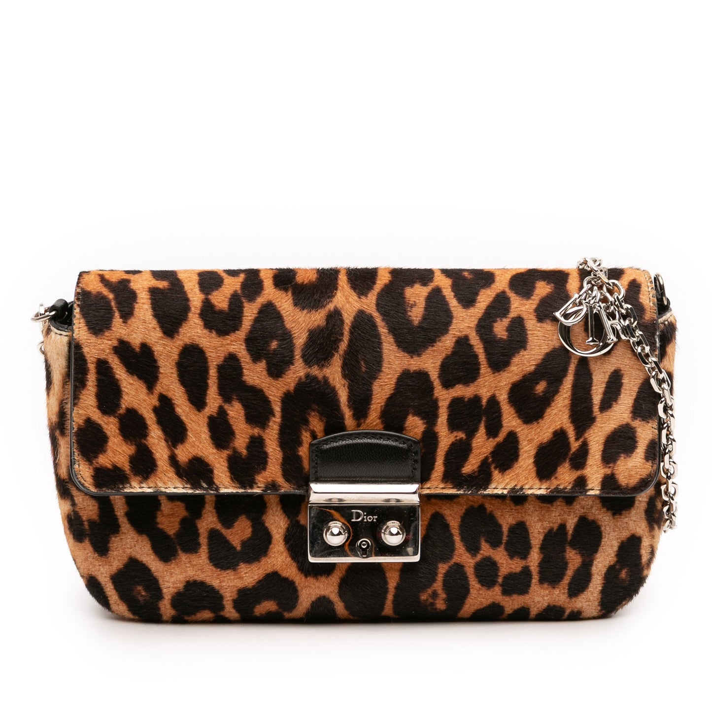 Dior Handbag Leopard Print Pony Hair Miss Crossbody Bag Brown Chain Flap