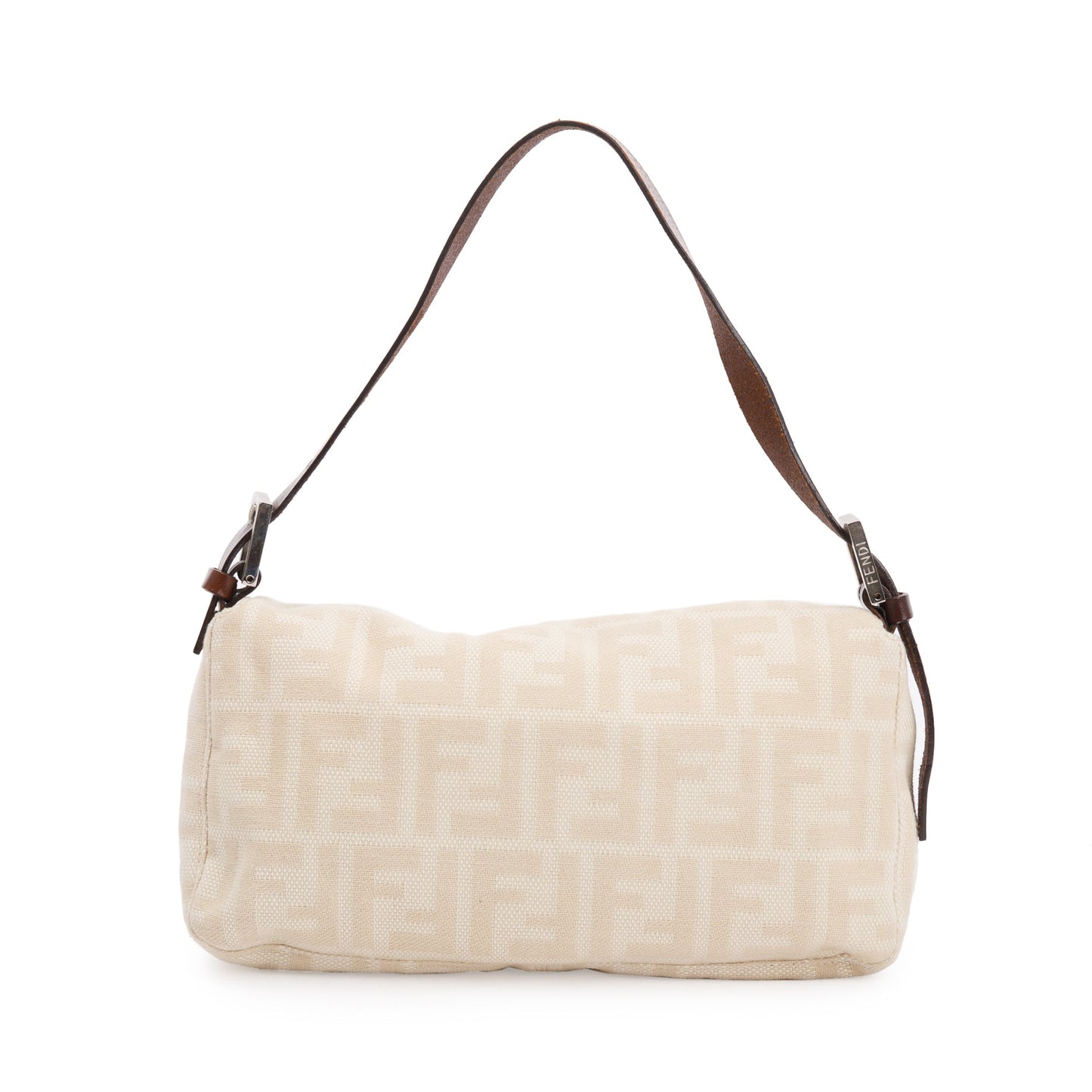 Fendi Beige Ff Zucca Trim Baguette Shoulder Bag Leather Canvas