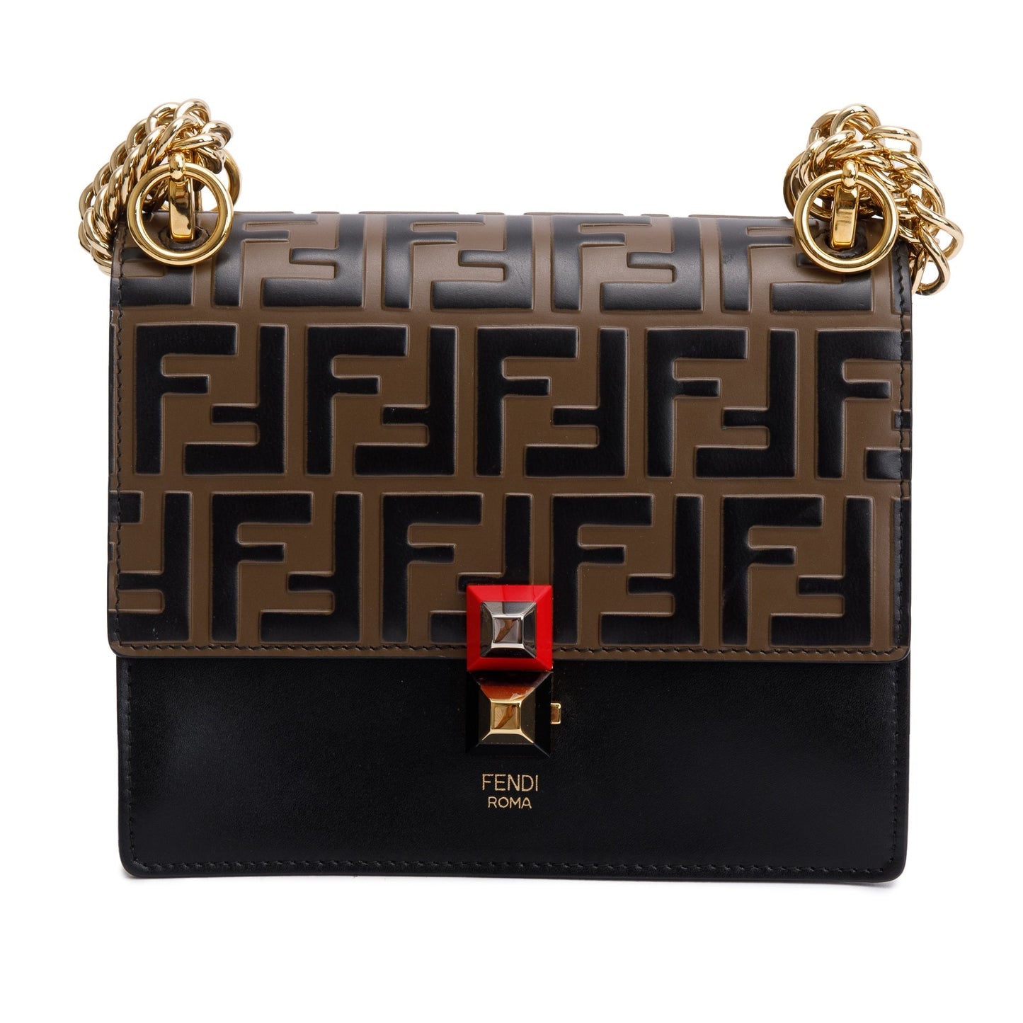Fendi Ff Embossed Calfskin Kan Shoulder Bag Leather Black